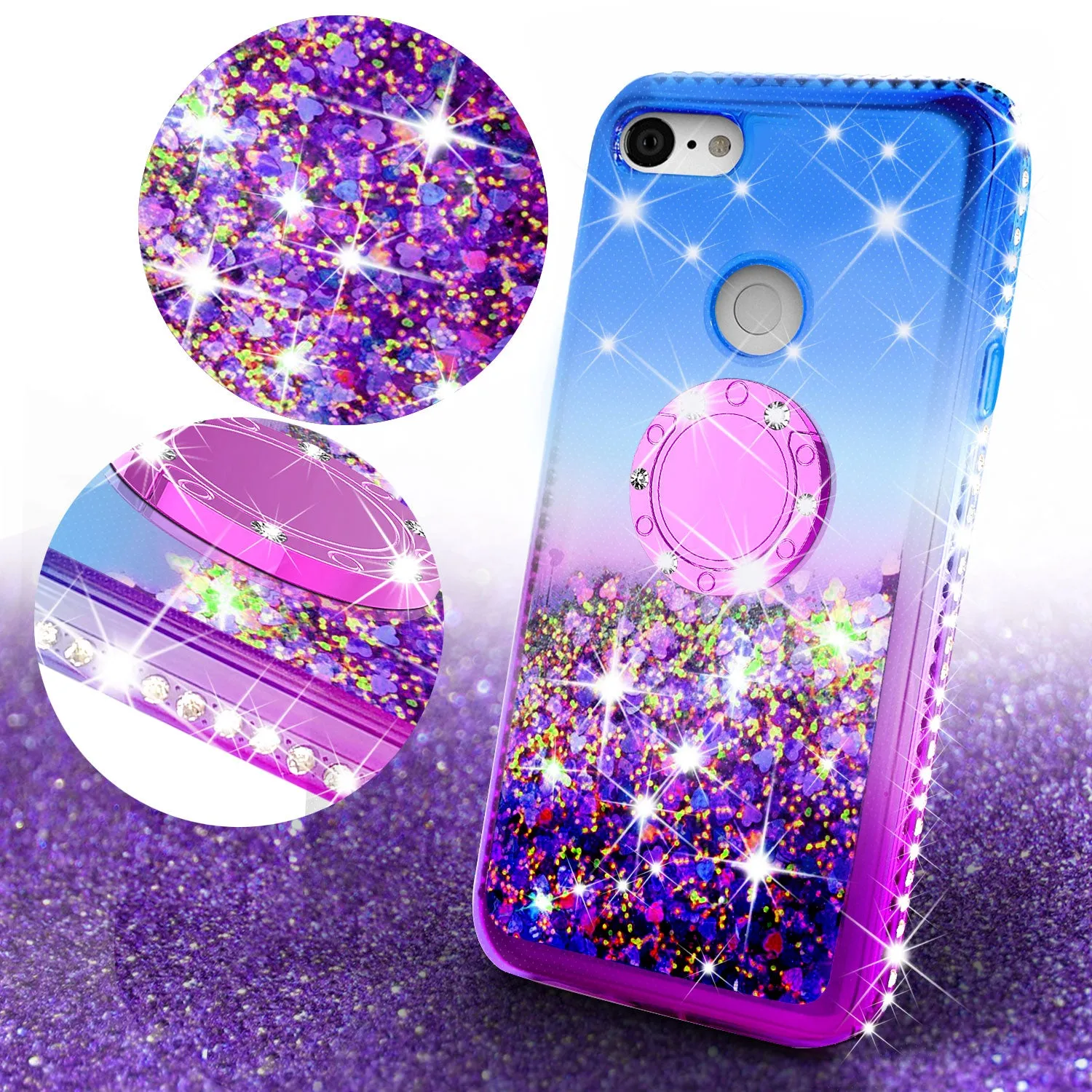 Glitter Phone Case Kickstand Compatible for Google Pixel 3a Case,Pixel 3a Case,Ring Stand Liquid Floating Quicksand Bling Sparkle Protective Girls Women for Google Pixel 3a W/Temper Glass - (Blue/Purple Gradient)