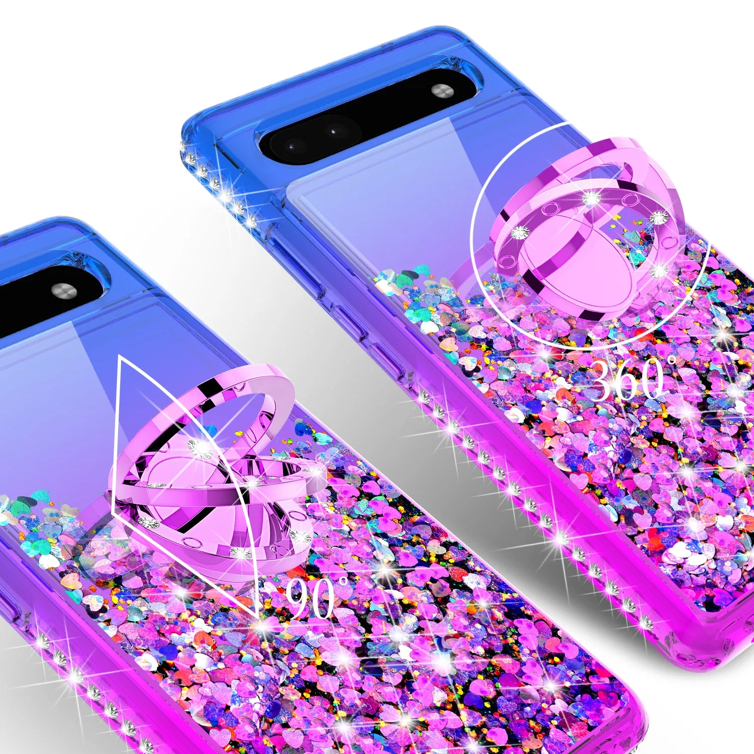 Glitter Phone Case Kickstand Compatible for Google Pixel 6a Case,Google Pixel 6a Case,Ring Stand Liquid Floating Quicksand Bling Sparkle Protective Girls Women for Google Pixel 6a W/Temper Glass - (Blue/Purple Gradient)