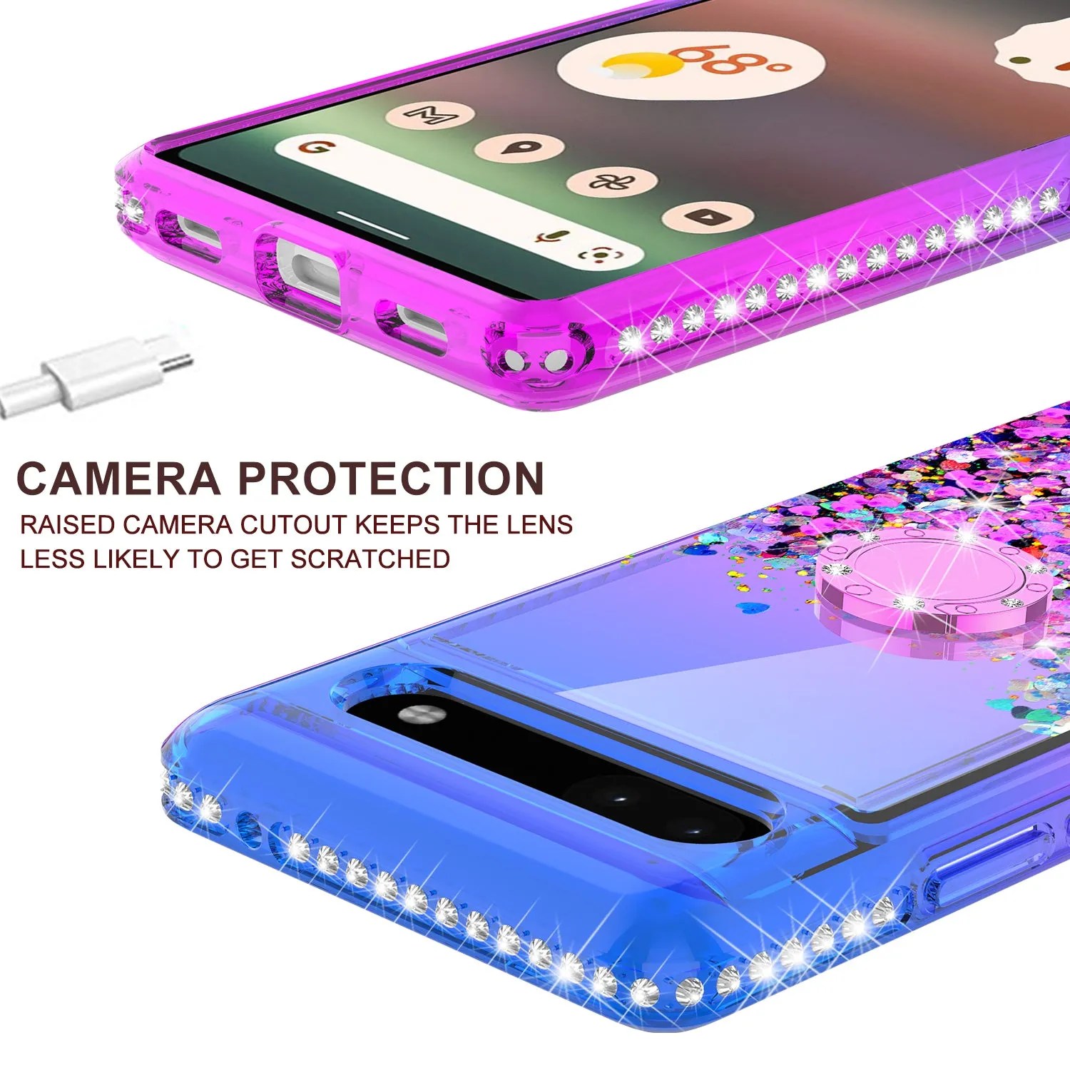 Glitter Phone Case Kickstand Compatible for Google Pixel 6a Case,Google Pixel 6a Case,Ring Stand Liquid Floating Quicksand Bling Sparkle Protective Girls Women for Google Pixel 6a W/Temper Glass - (Blue/Purple Gradient)