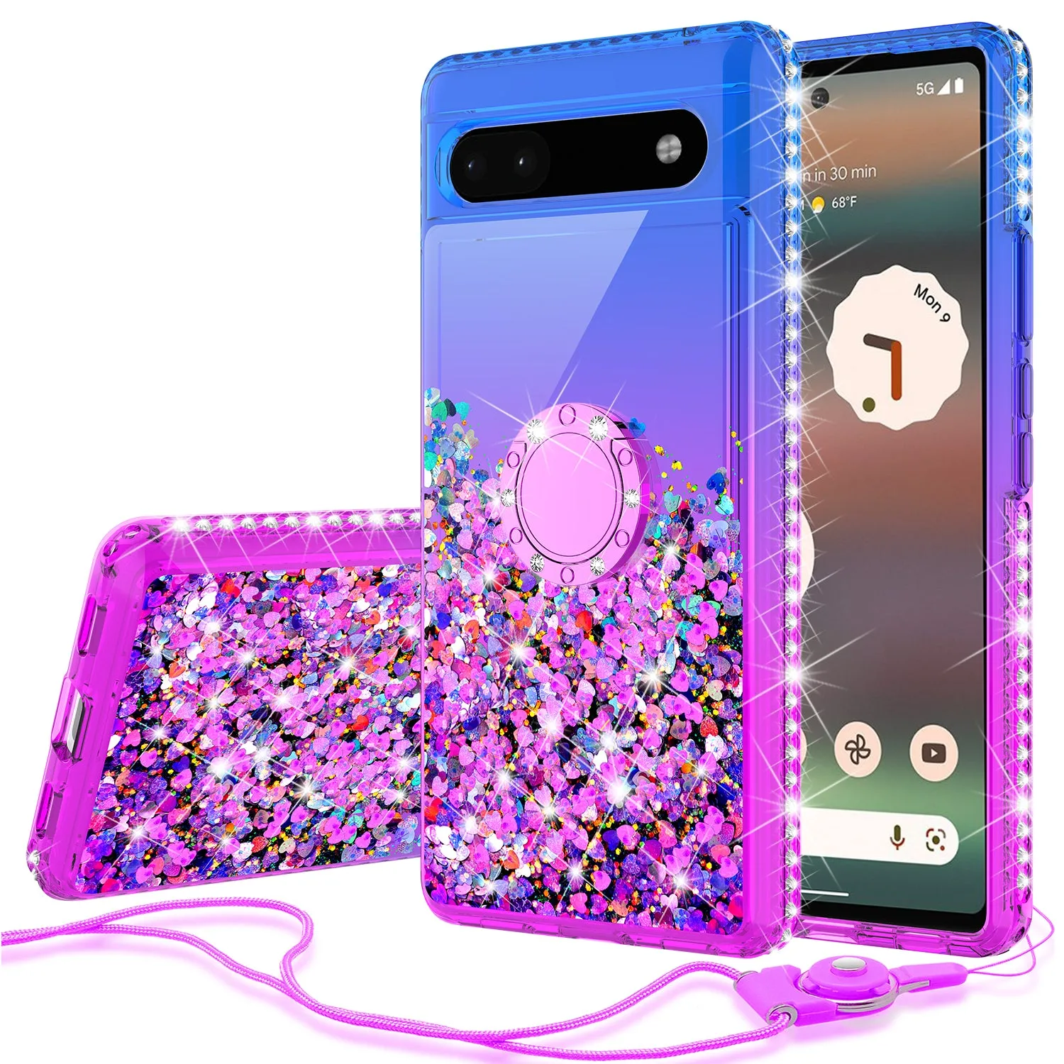 Glitter Phone Case Kickstand Compatible for Google Pixel 6a Case,Google Pixel 6a Case,Ring Stand Liquid Floating Quicksand Bling Sparkle Protective Girls Women for Google Pixel 6a W/Temper Glass - (Blue/Purple Gradient)