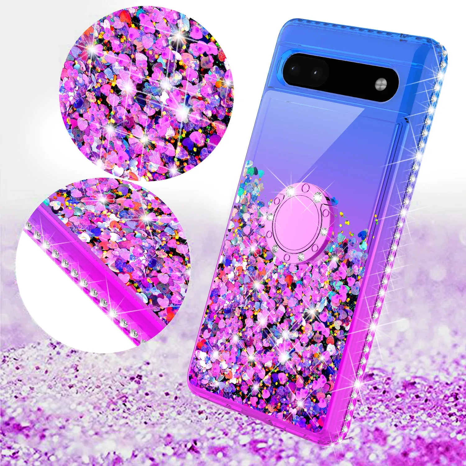 Glitter Phone Case Kickstand Compatible for Google Pixel 6a Case,Google Pixel 6a Case,Ring Stand Liquid Floating Quicksand Bling Sparkle Protective Girls Women for Google Pixel 6a W/Temper Glass - (Blue/Purple Gradient)