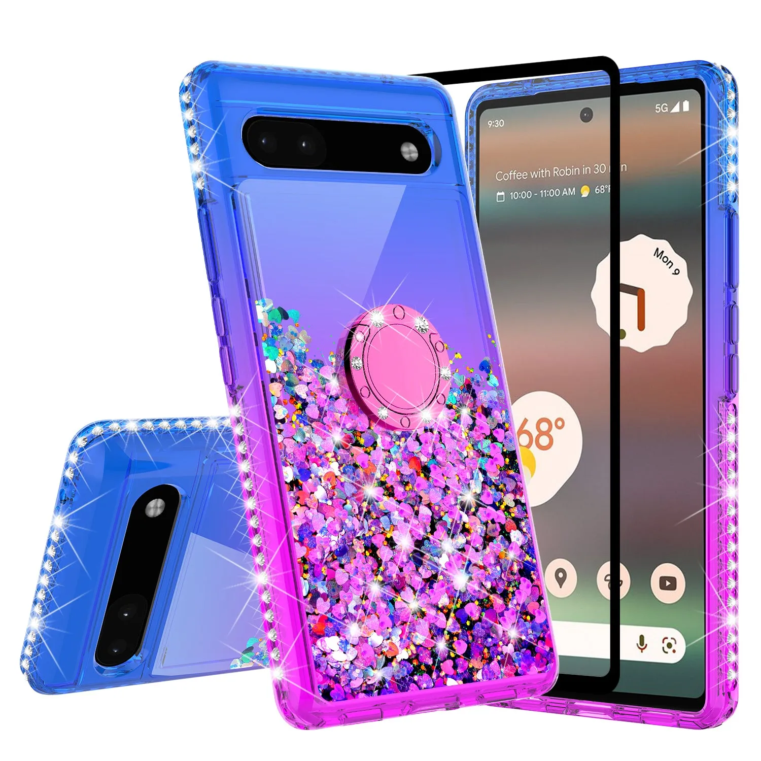 Glitter Phone Case Kickstand Compatible for Google Pixel 6a Case,Google Pixel 6a Case,Ring Stand Liquid Floating Quicksand Bling Sparkle Protective Girls Women for Google Pixel 6a W/Temper Glass - (Blue/Purple Gradient)