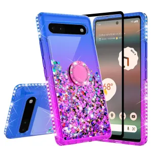 Glitter Phone Case Kickstand Compatible for Google Pixel 6a Case,Google Pixel 6a Case,Ring Stand Liquid Floating Quicksand Bling Sparkle Protective Girls Women for Google Pixel 6a W/Temper Glass - (Blue/Purple Gradient)