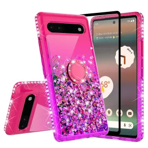 Glitter Phone Case Kickstand Compatible for Google Pixel 6a Case,Google Pixel 6a Case,Ring Stand Liquid Floating Quicksand Bling Sparkle Protective Girls Women for Google Pixel 6a W/Temper Glass - (Hot Pink/Purple Gradient)