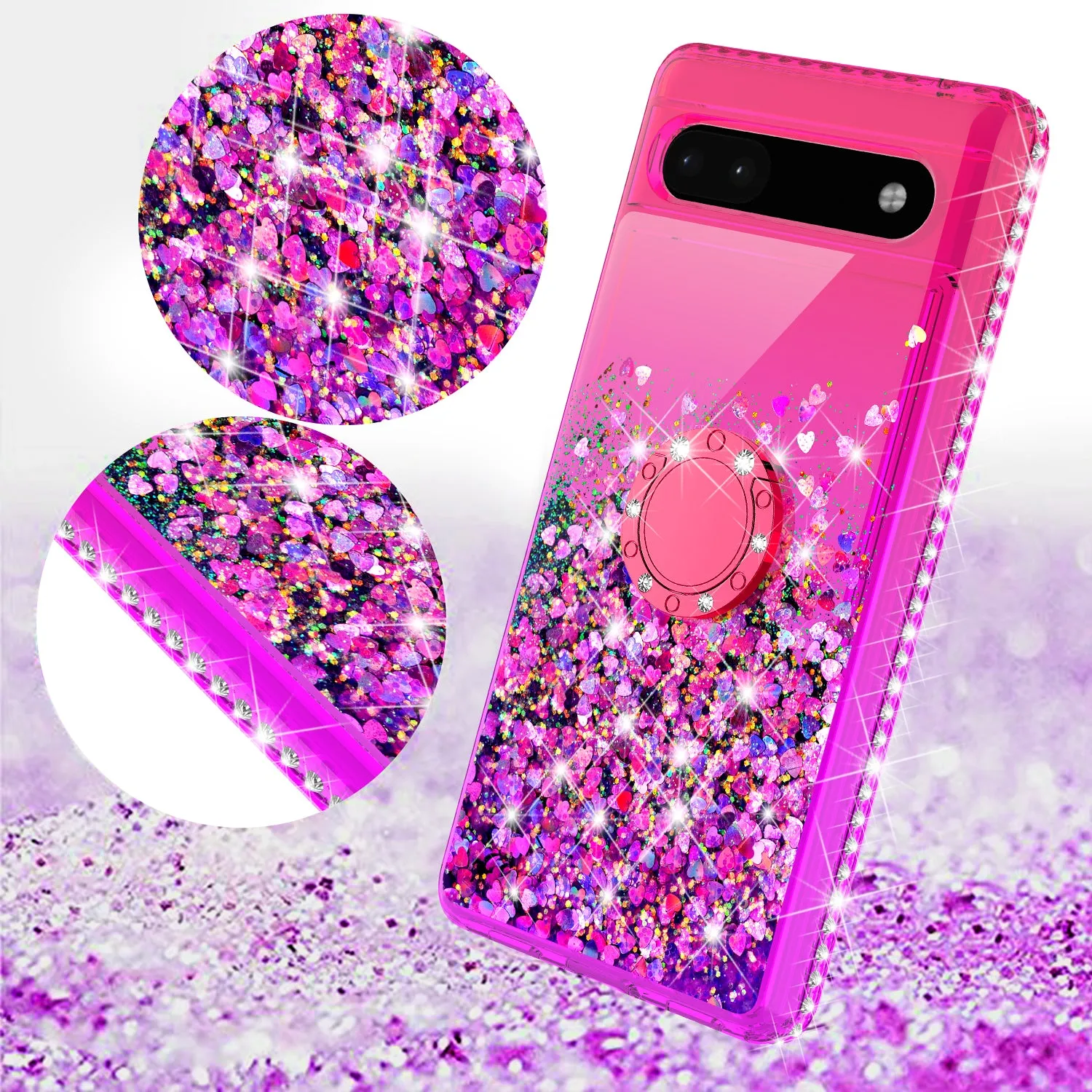 Glitter Phone Case Kickstand Compatible for Google Pixel 6a Case,Google Pixel 6a Case,Ring Stand Liquid Floating Quicksand Bling Sparkle Protective Girls Women for Google Pixel 6a W/Temper Glass - (Hot Pink/Purple Gradient)