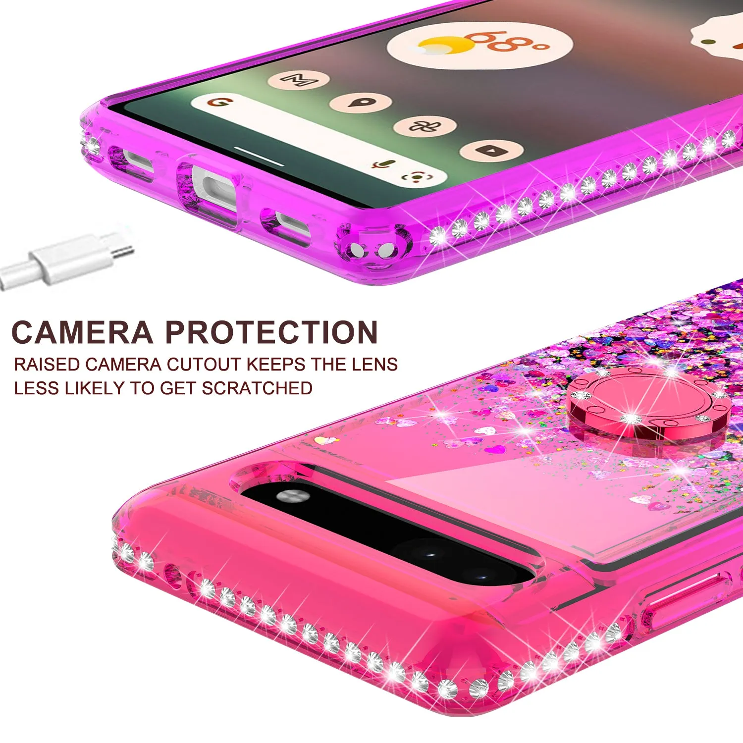 Glitter Phone Case Kickstand Compatible for Google Pixel 6a Case,Google Pixel 6a Case,Ring Stand Liquid Floating Quicksand Bling Sparkle Protective Girls Women for Google Pixel 6a W/Temper Glass - (Hot Pink/Purple Gradient)