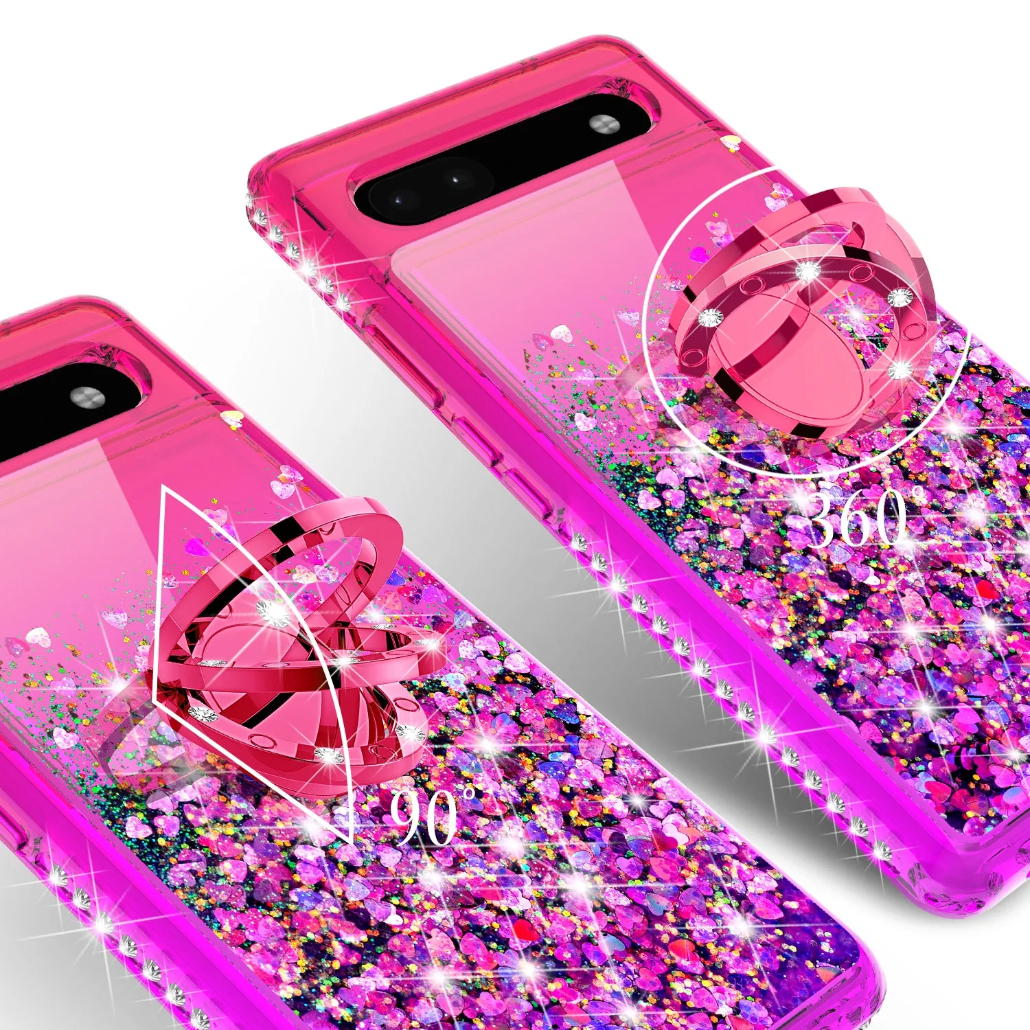 Glitter Phone Case Kickstand Compatible for Google Pixel 6a Case,Google Pixel 6a Case,Ring Stand Liquid Floating Quicksand Bling Sparkle Protective Girls Women for Google Pixel 6a W/Temper Glass - (Hot Pink/Purple Gradient)