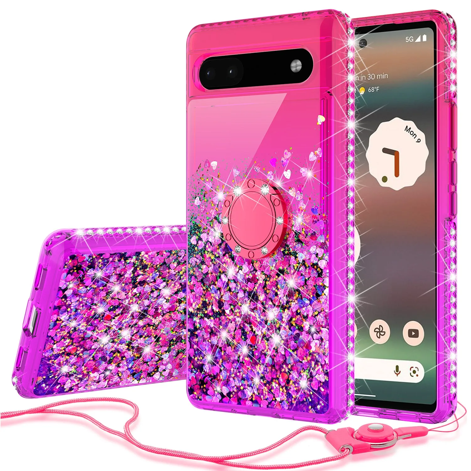 Glitter Phone Case Kickstand Compatible for Google Pixel 6a Case,Google Pixel 6a Case,Ring Stand Liquid Floating Quicksand Bling Sparkle Protective Girls Women for Google Pixel 6a W/Temper Glass - (Hot Pink/Purple Gradient)