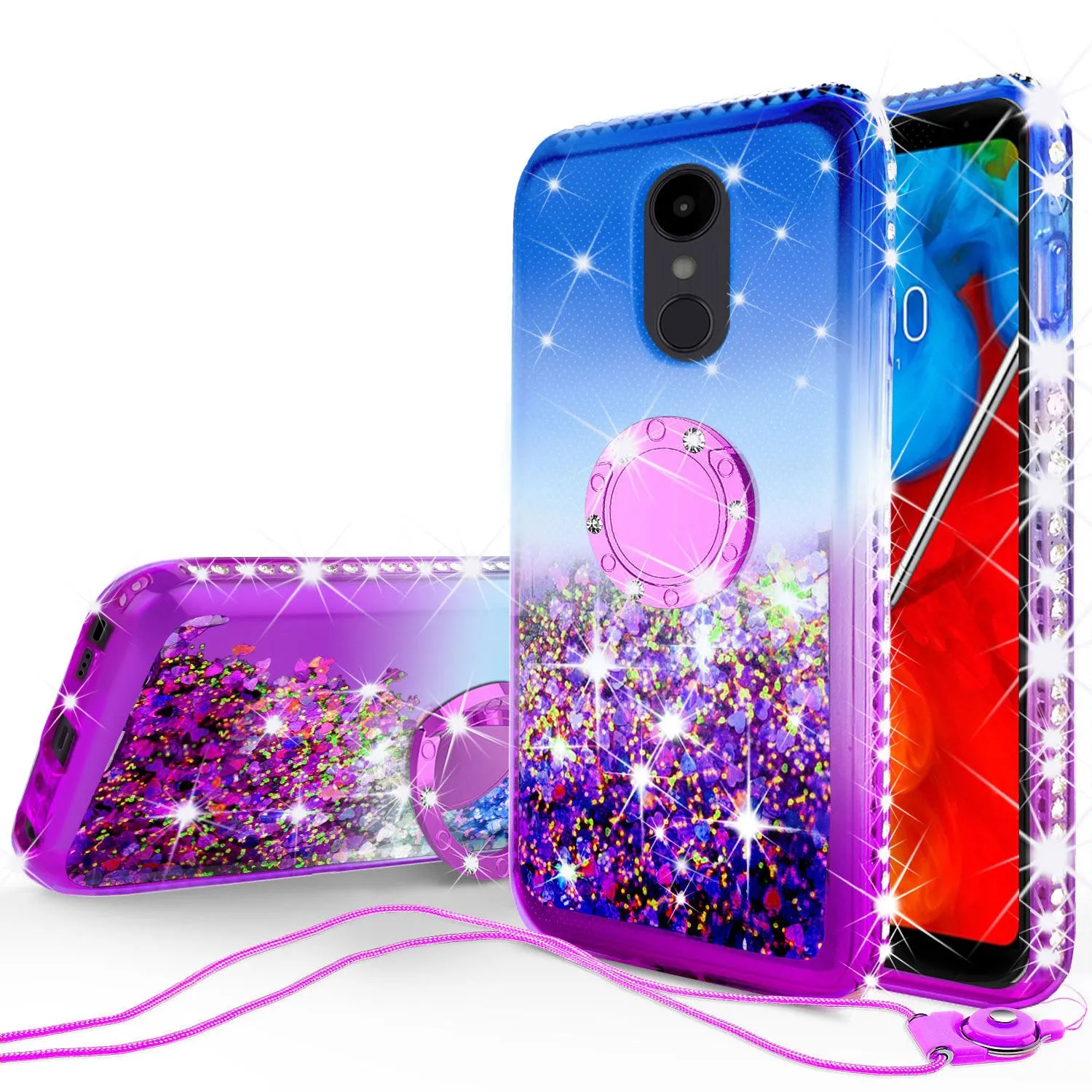 Glitter Phone Case Kickstand Compatible for LG Escape Plus/Arena 2/K30 2019 Case,Ring Stand Liquid Floating Quicksand Bling Sparkle Protective Girls Women for Escape Plus/Arena 2/K30 2019 - (Blue/Purple Gradient)