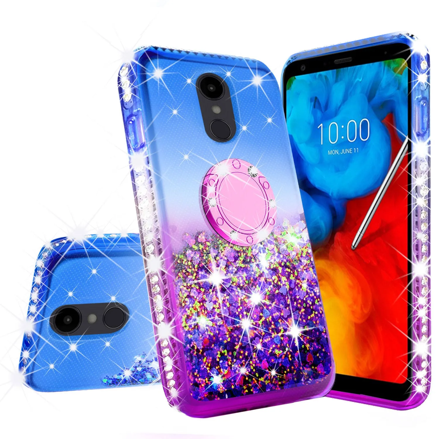 Glitter Phone Case Kickstand Compatible for LG Escape Plus/Arena 2/K30 2019 Case,Ring Stand Liquid Floating Quicksand Bling Sparkle Protective Girls Women for Escape Plus/Arena 2/K30 2019 - (Blue/Purple Gradient)