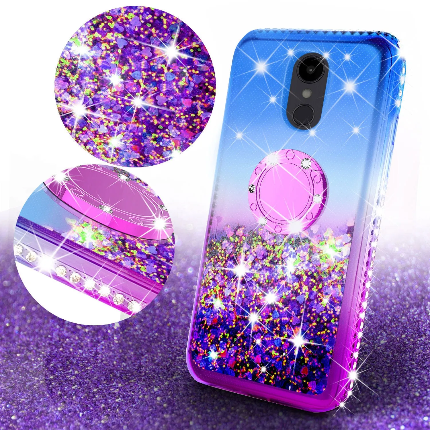 Glitter Phone Case Kickstand Compatible for LG Escape Plus/Arena 2/K30 2019 Case,Ring Stand Liquid Floating Quicksand Bling Sparkle Protective Girls Women for Escape Plus/Arena 2/K30 2019 - (Blue/Purple Gradient)