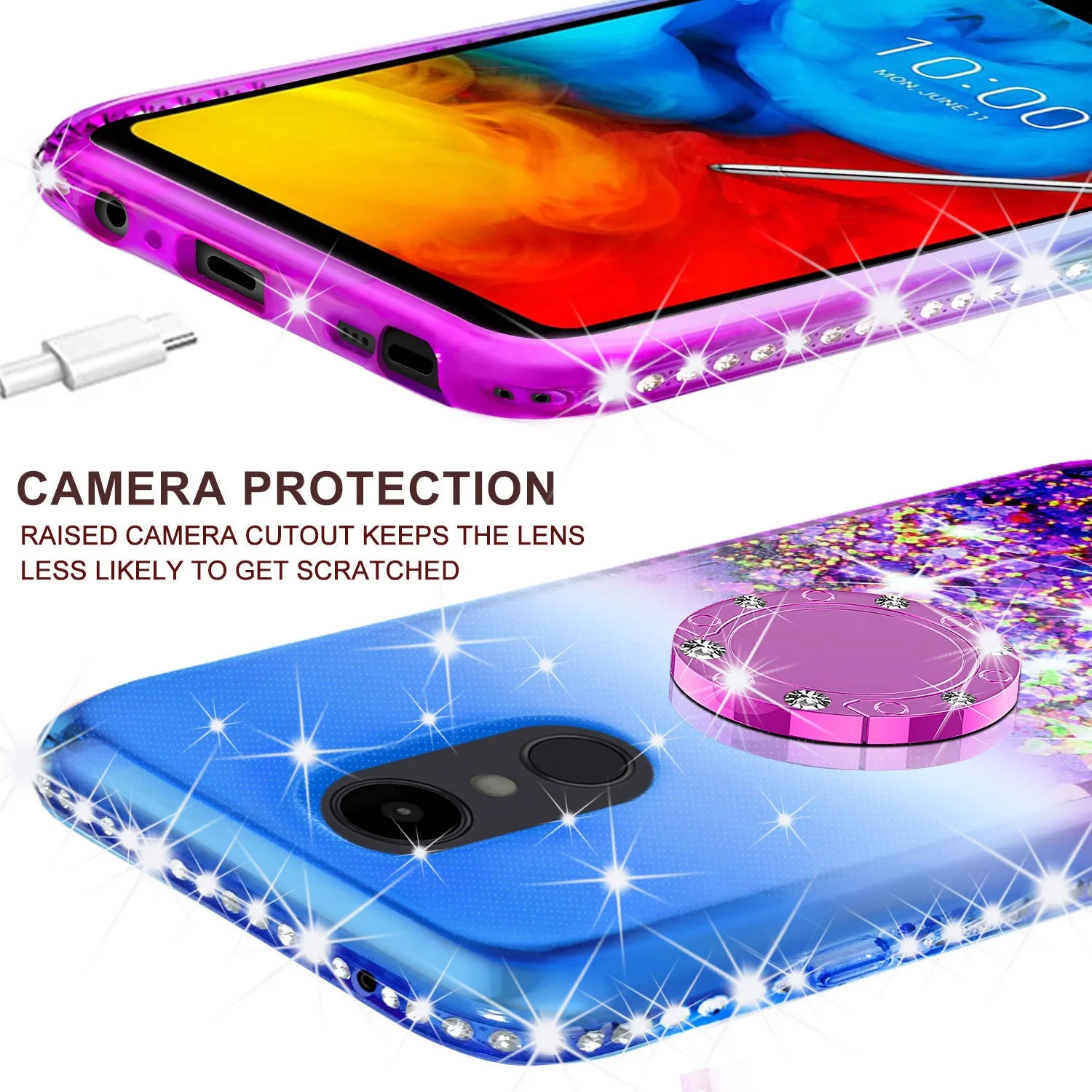 Glitter Phone Case Kickstand Compatible for LG Escape Plus/Arena 2/K30 2019 Case,Ring Stand Liquid Floating Quicksand Bling Sparkle Protective Girls Women for Escape Plus/Arena 2/K30 2019 - (Blue/Purple Gradient)