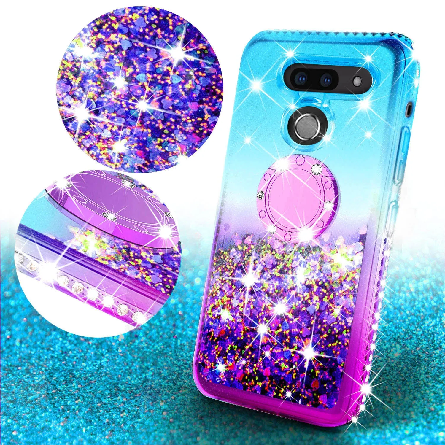 Glitter Phone Case Kickstand Compatible for LG G8 ThinQ , LM-G820 Case,Ring Stand Liquid Floating Quicksand Bling Sparkle Protective Girls Women for G8 ThinQ  - (Teal Gradient)