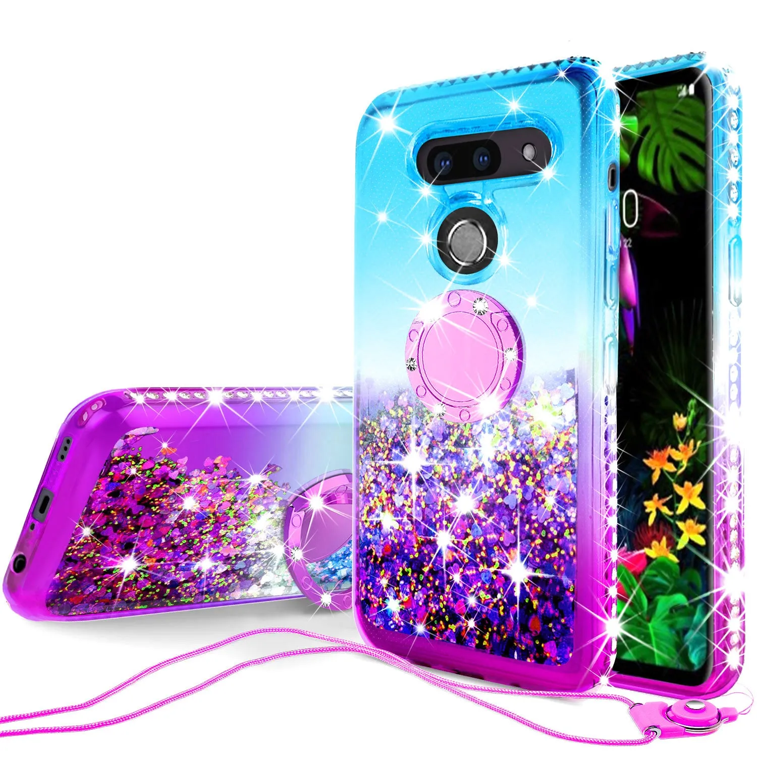 Glitter Phone Case Kickstand Compatible for LG G8 ThinQ , LM-G820 Case,Ring Stand Liquid Floating Quicksand Bling Sparkle Protective Girls Women for G8 ThinQ  - (Teal Gradient)