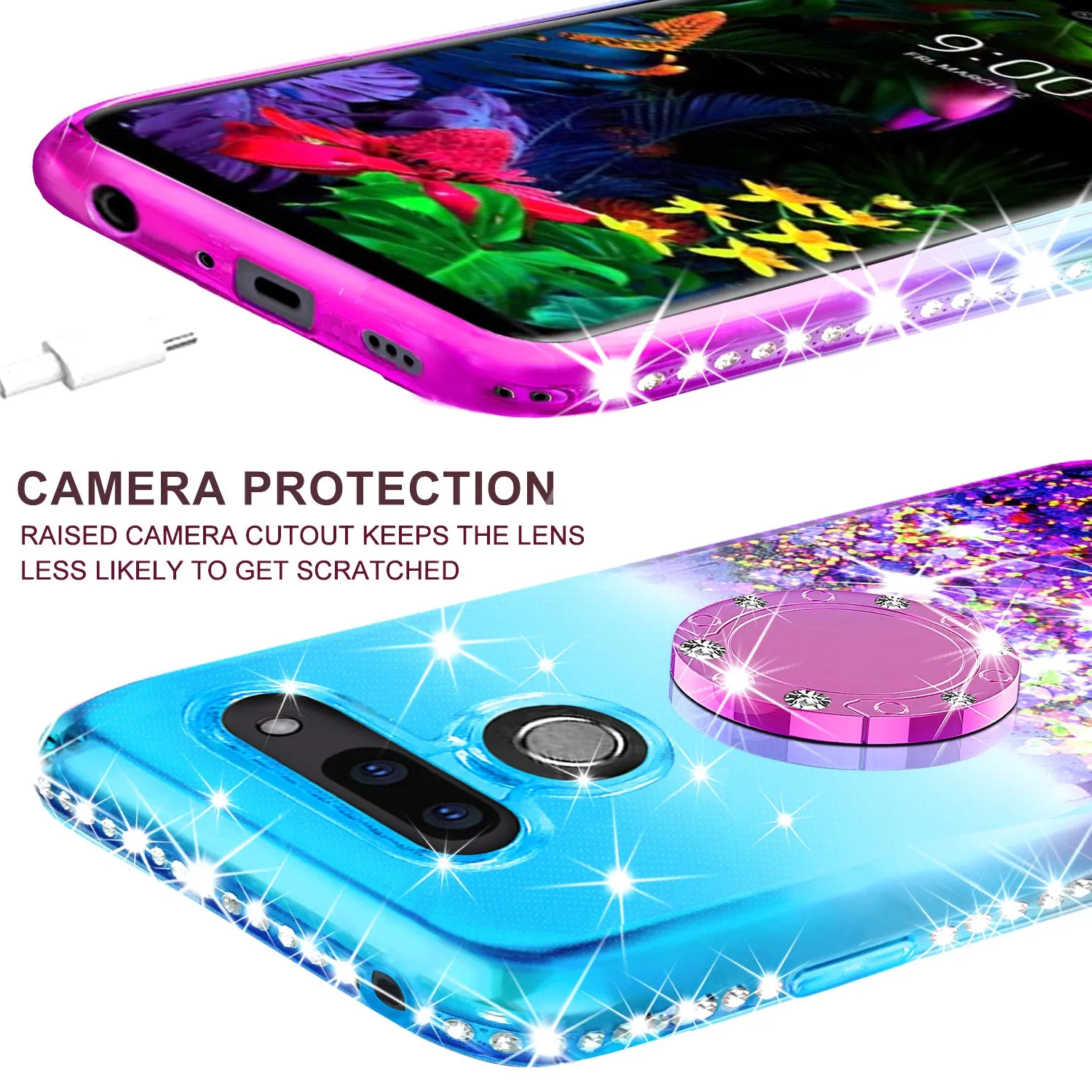 Glitter Phone Case Kickstand Compatible for LG G8 ThinQ , LM-G820 Case,Ring Stand Liquid Floating Quicksand Bling Sparkle Protective Girls Women for G8 ThinQ  - (Teal Gradient)