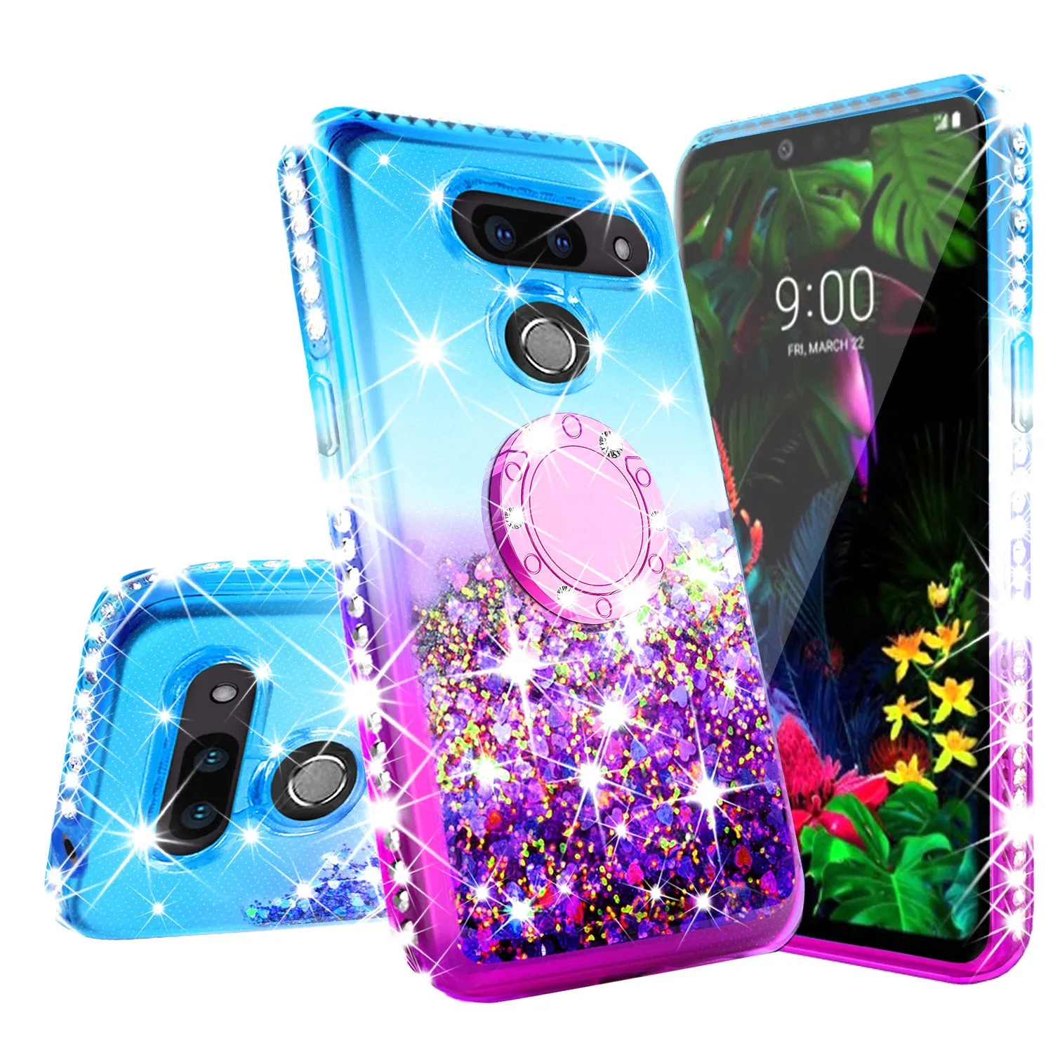 Glitter Phone Case Kickstand Compatible for LG G8 ThinQ , LM-G820 Case,Ring Stand Liquid Floating Quicksand Bling Sparkle Protective Girls Women for G8 ThinQ  - (Teal Gradient)