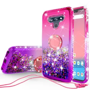 Glitter Phone Case Kickstand Compatible for LG Harmony 4 Case, LG K40S Case,Ring Stand Liquid Floating Quicksand Bling Sparkle Protective Girls Women for LG Harmony 4/LG K40S W/Temper Glass - (Hot Pink/Purple Gradient)