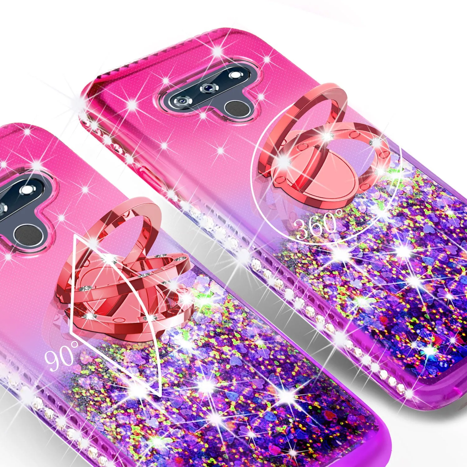 Glitter Phone Case Kickstand Compatible for LG Harmony 4 Case, LG K40S Case,Ring Stand Liquid Floating Quicksand Bling Sparkle Protective Girls Women for LG Harmony 4/LG K40S W/Temper Glass - (Hot Pink/Purple Gradient)