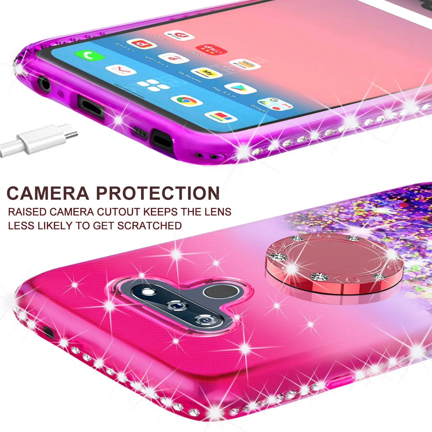 Glitter Phone Case Kickstand Compatible for LG Harmony 4 Case, LG K40S Case,Ring Stand Liquid Floating Quicksand Bling Sparkle Protective Girls Women for LG Harmony 4/LG K40S W/Temper Glass - (Hot Pink/Purple Gradient)