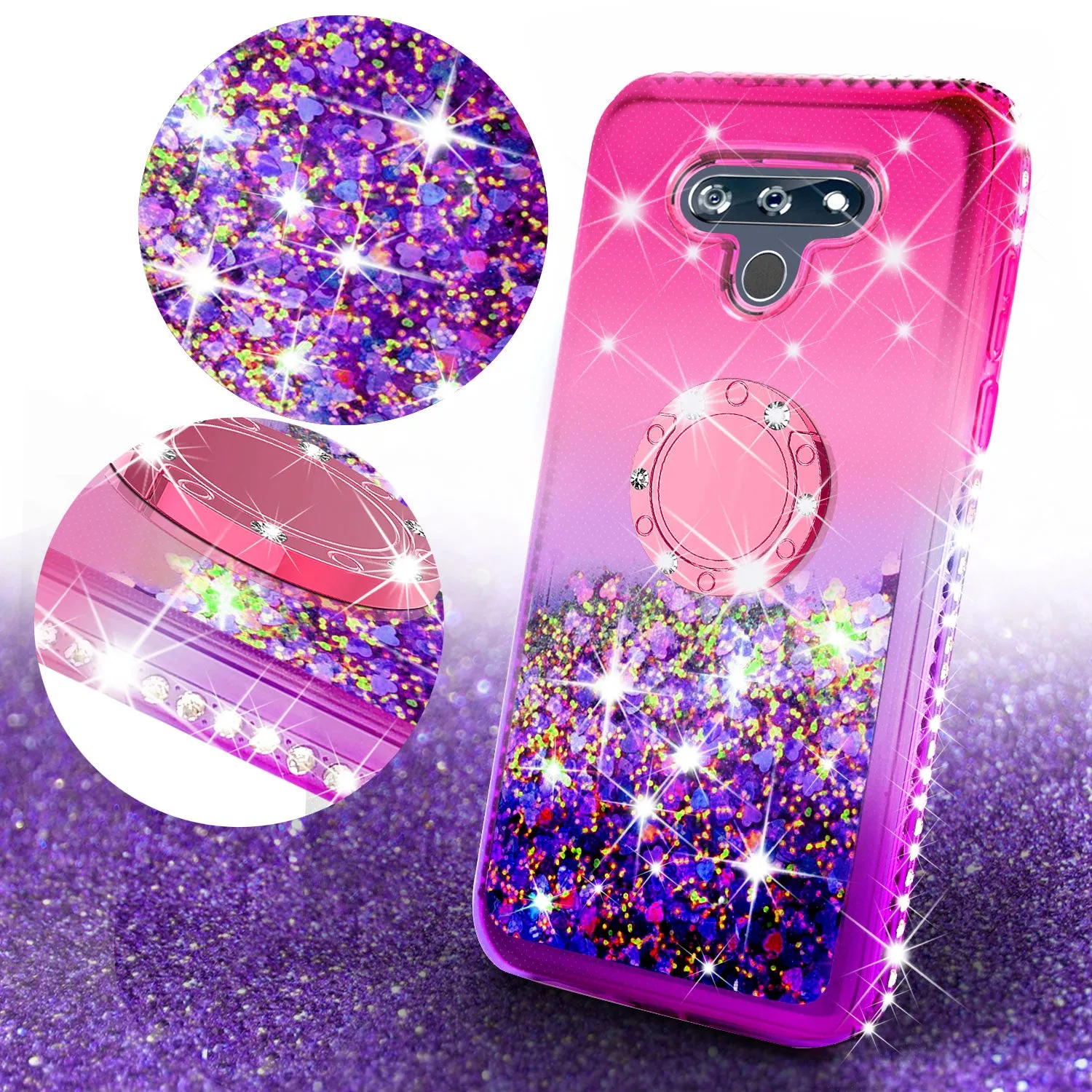 Glitter Phone Case Kickstand Compatible for LG Harmony 4 Case, LG K40S Case,Ring Stand Liquid Floating Quicksand Bling Sparkle Protective Girls Women for LG Harmony 4/LG K40S W/Temper Glass - (Hot Pink/Purple Gradient)