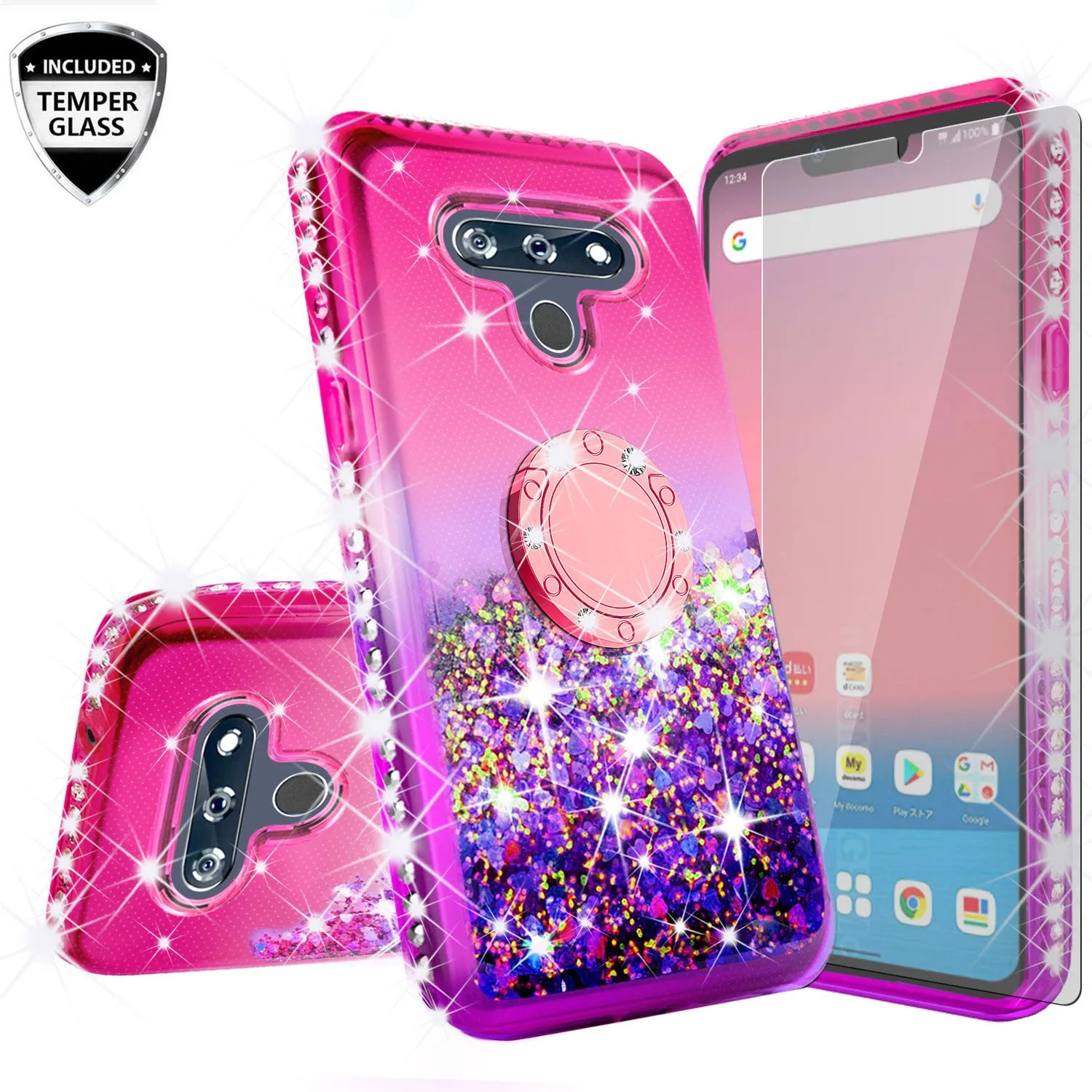 Glitter Phone Case Kickstand Compatible for LG Harmony 4 Case, LG K40S Case,Ring Stand Liquid Floating Quicksand Bling Sparkle Protective Girls Women for LG Harmony 4/LG K40S W/Temper Glass - (Hot Pink/Purple Gradient)