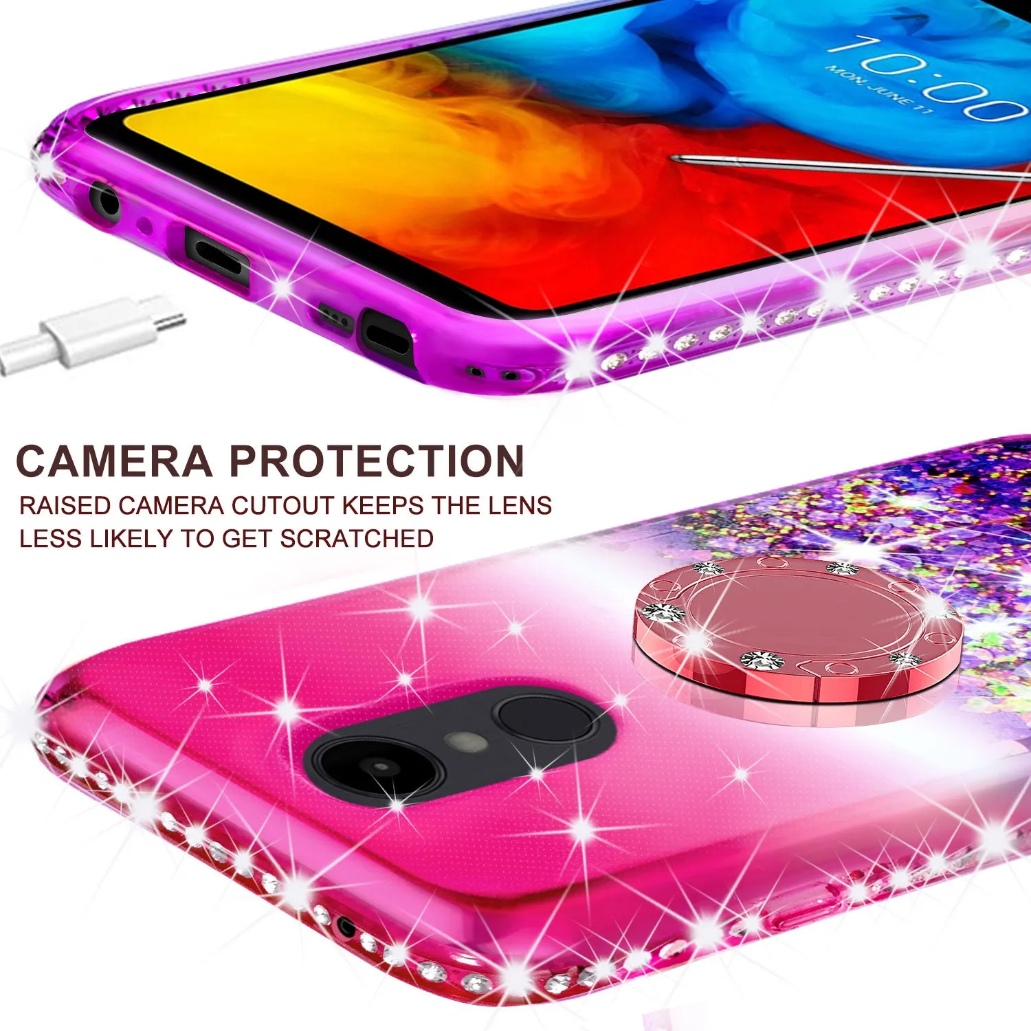 Glitter Phone Case Kickstand Compatible for LG Stylo 5 Case,Ring Stand Liquid Floating Quicksand Bling Sparkle Protective Girls Women for Stylo 5 - (Hot Pink Gradient)