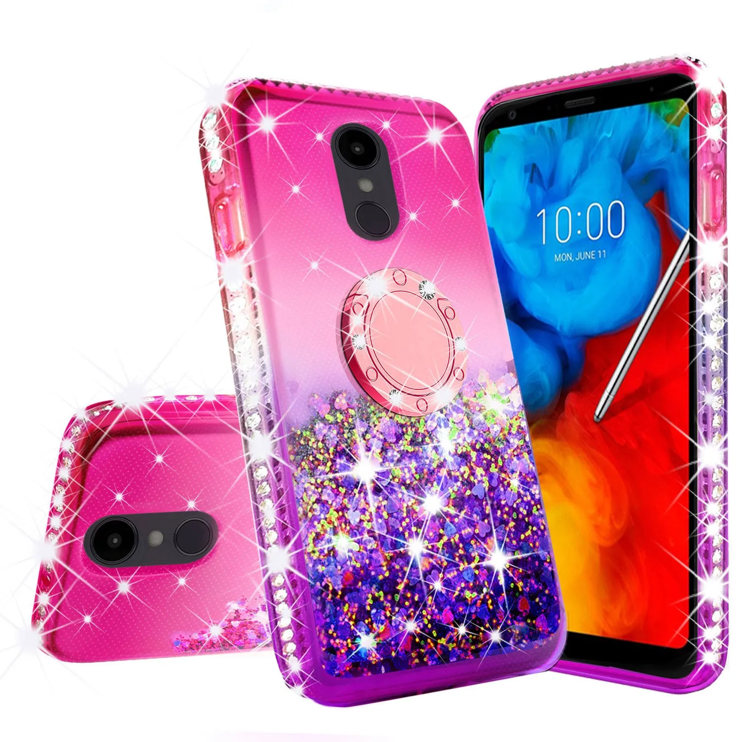 Glitter Phone Case Kickstand Compatible for LG Stylo 5 Case,Ring Stand Liquid Floating Quicksand Bling Sparkle Protective Girls Women for Stylo 5 - (Hot Pink Gradient)