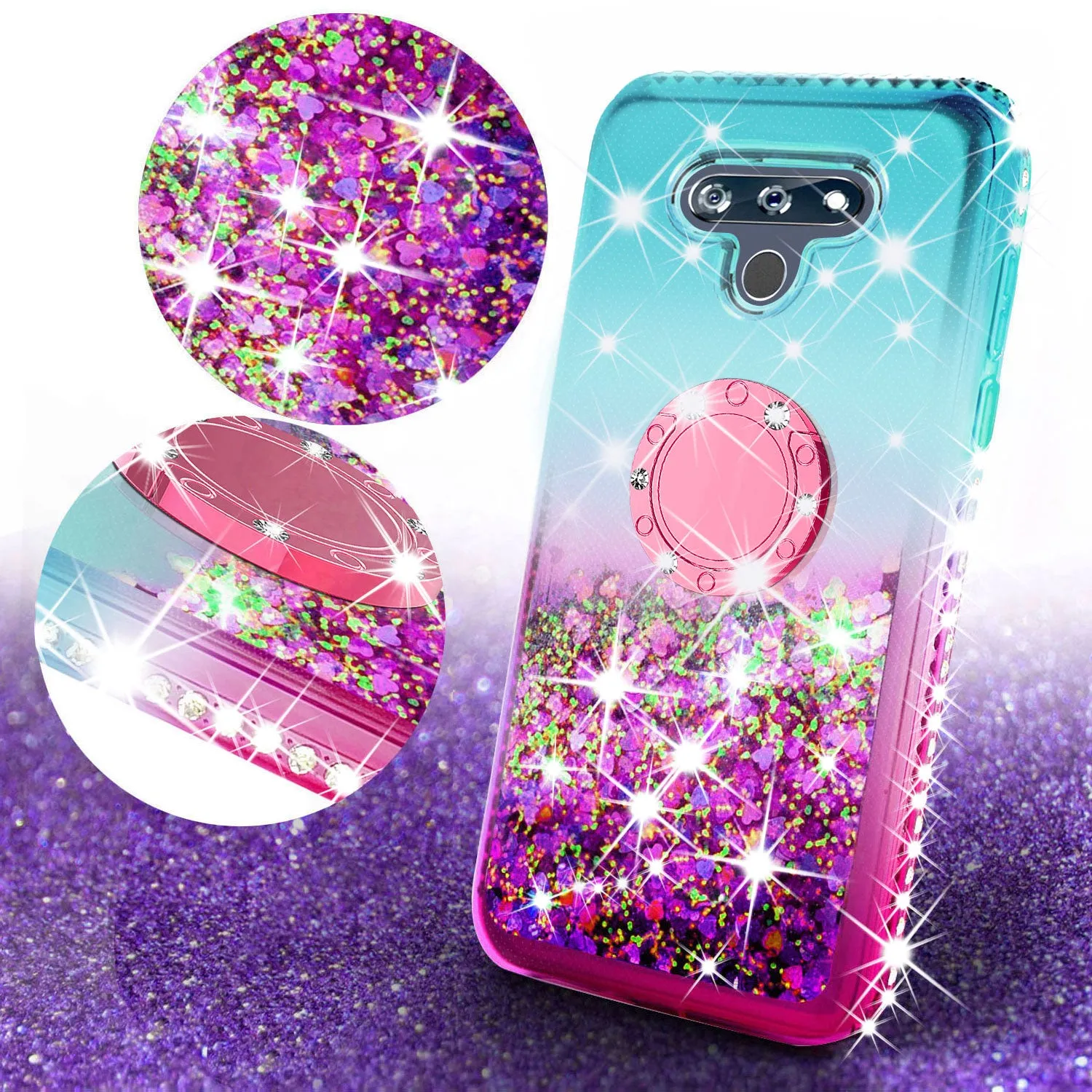 Glitter Phone Case Kickstand Compatible for LG Stylo 6 Case, Stylo 6 Case,Ring Stand Liquid Floating Quicksand Bling Sparkle Protective Girls Women for LG Stylo 6 W/Temper Glass - (Teal/Pink Gradient)