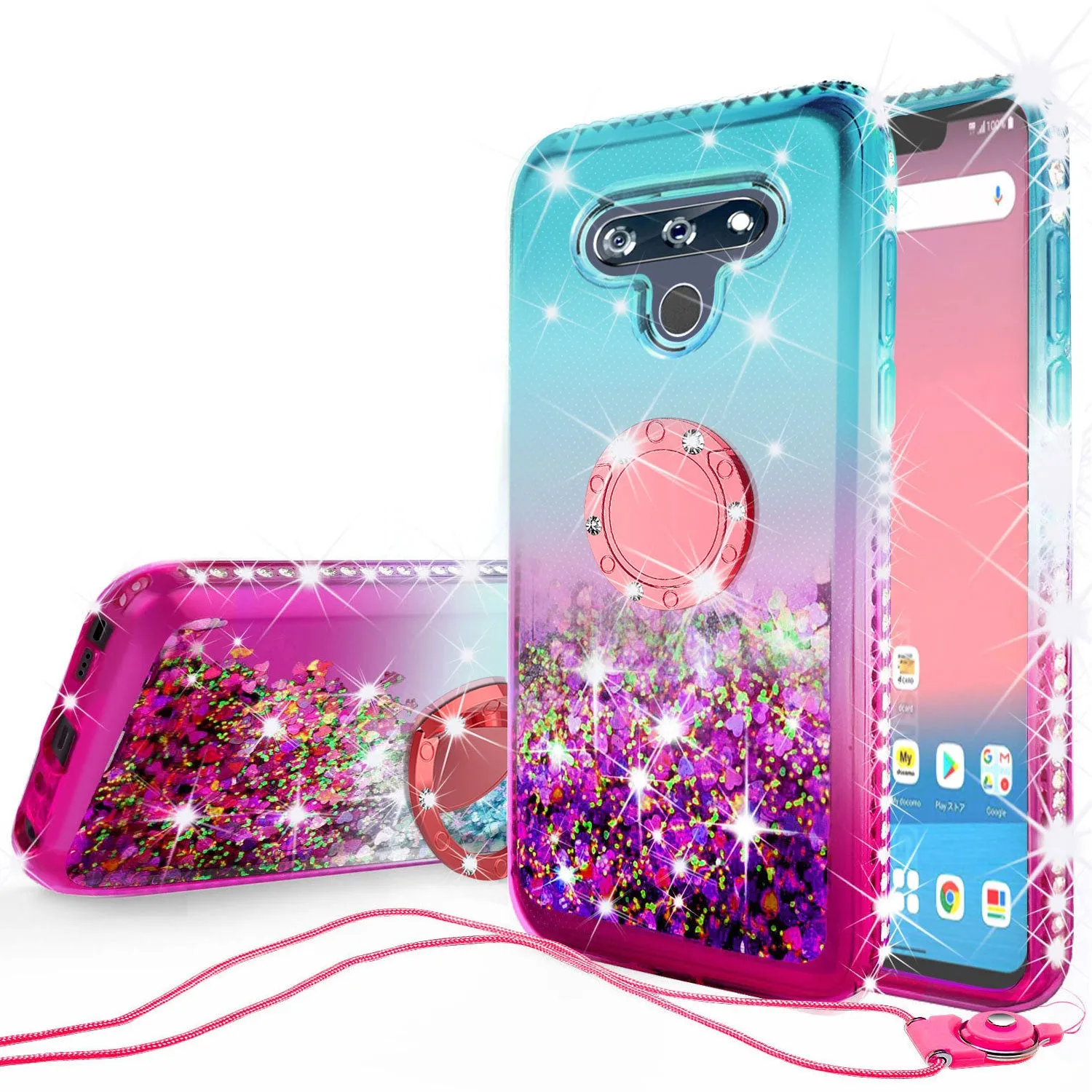 Glitter Phone Case Kickstand Compatible for LG Stylo 6 Case, Stylo 6 Case,Ring Stand Liquid Floating Quicksand Bling Sparkle Protective Girls Women for LG Stylo 6 W/Temper Glass - (Teal/Pink Gradient)