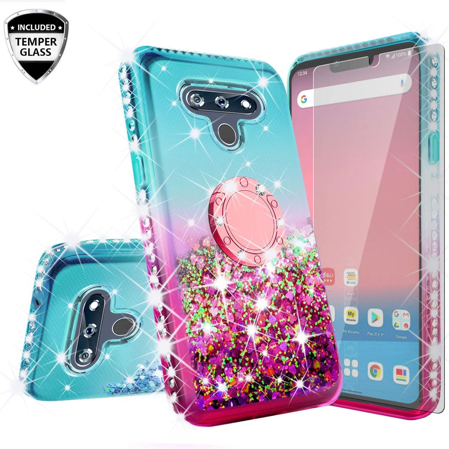 Glitter Phone Case Kickstand Compatible for LG Stylo 6 Case, Stylo 6 Case,Ring Stand Liquid Floating Quicksand Bling Sparkle Protective Girls Women for LG Stylo 6 W/Temper Glass - (Teal/Pink Gradient)