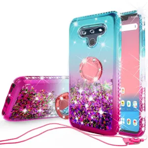 Glitter Phone Case Kickstand Compatible for LG Stylo 6 Case, Stylo 6 Case,Ring Stand Liquid Floating Quicksand Bling Sparkle Protective Girls Women for LG Stylo 6 W/Temper Glass - (Teal/Pink Gradient)