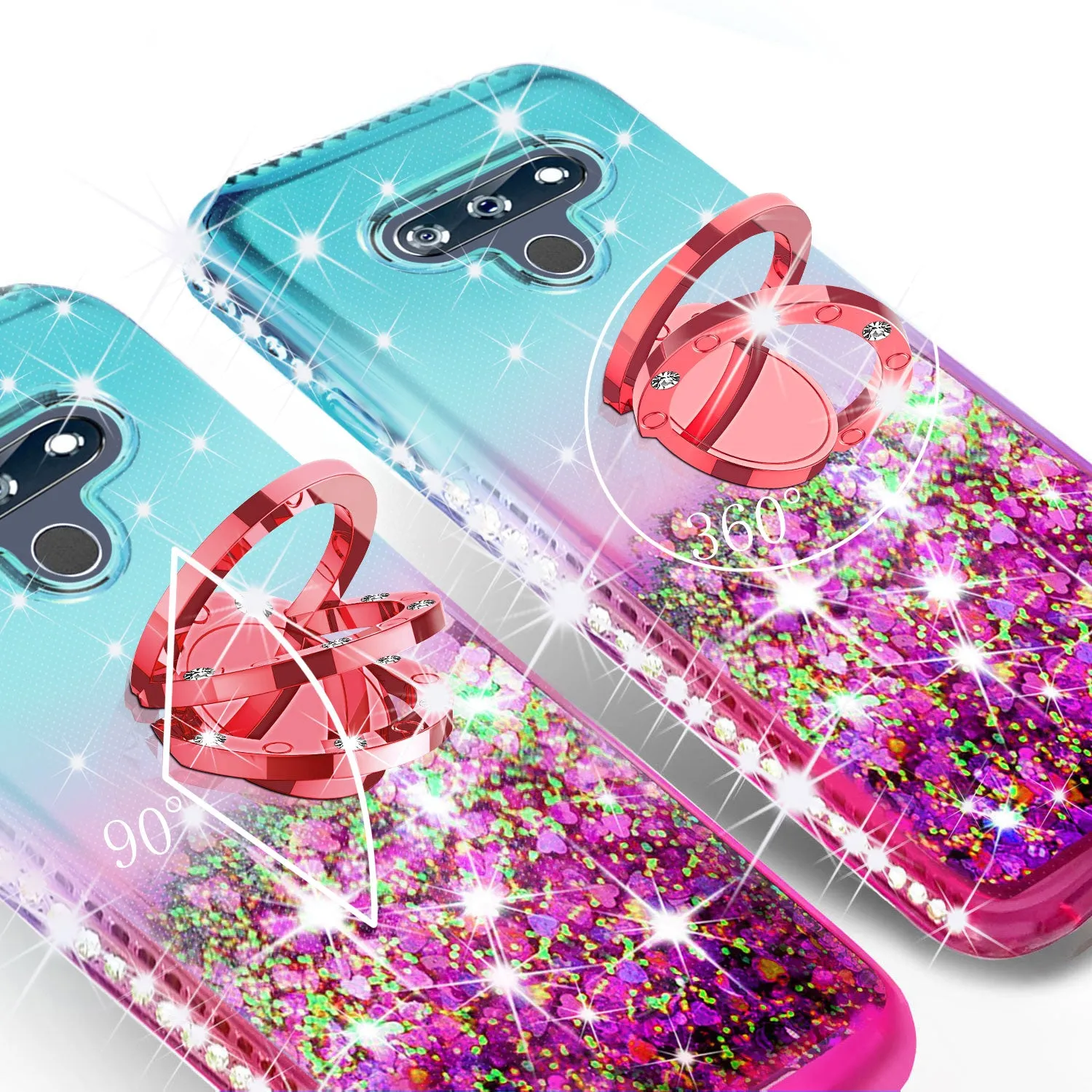 Glitter Phone Case Kickstand Compatible for LG Stylo 6 Case, Stylo 6 Case,Ring Stand Liquid Floating Quicksand Bling Sparkle Protective Girls Women for LG Stylo 6 W/Temper Glass - (Teal/Pink Gradient)