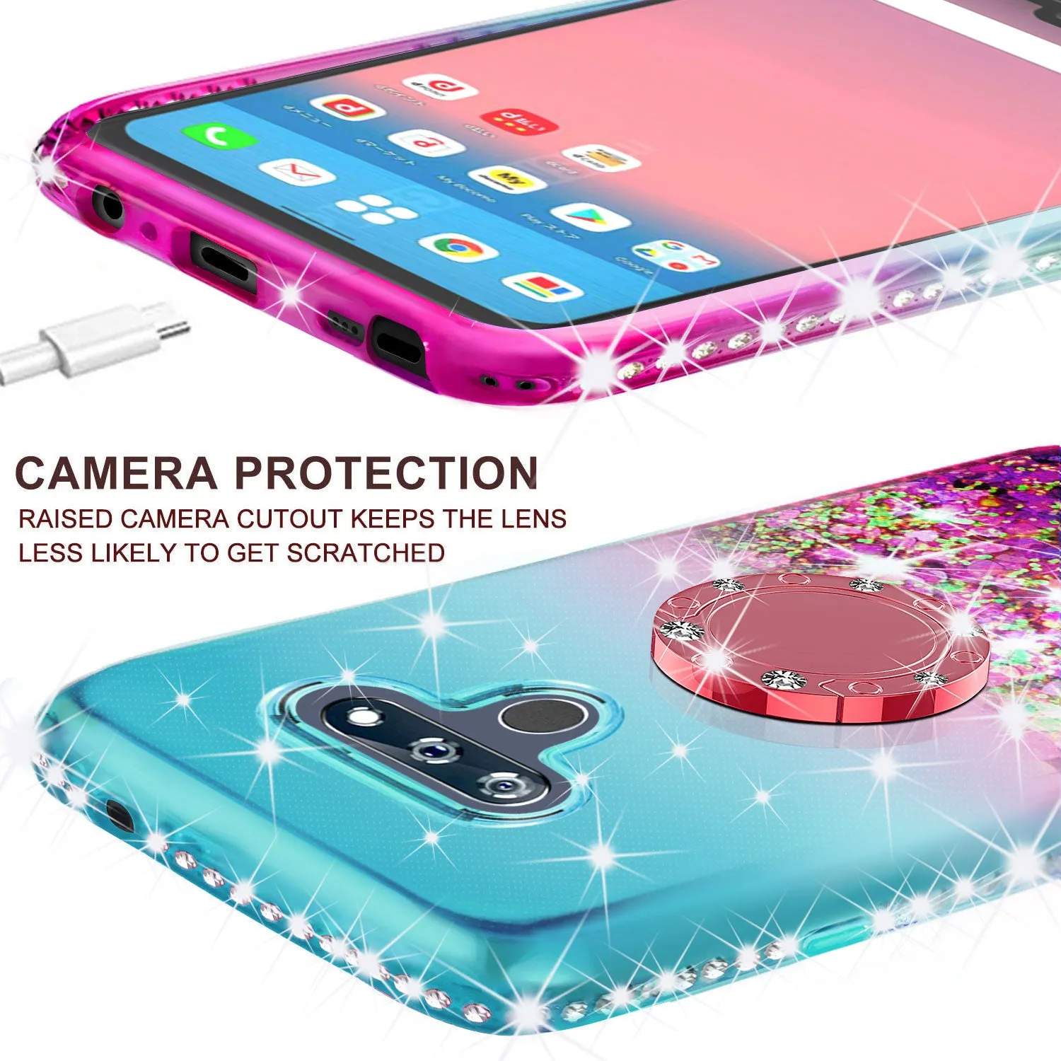 Glitter Phone Case Kickstand Compatible for LG Stylo 6 Case, Stylo 6 Case,Ring Stand Liquid Floating Quicksand Bling Sparkle Protective Girls Women for LG Stylo 6 W/Temper Glass - (Teal/Pink Gradient)