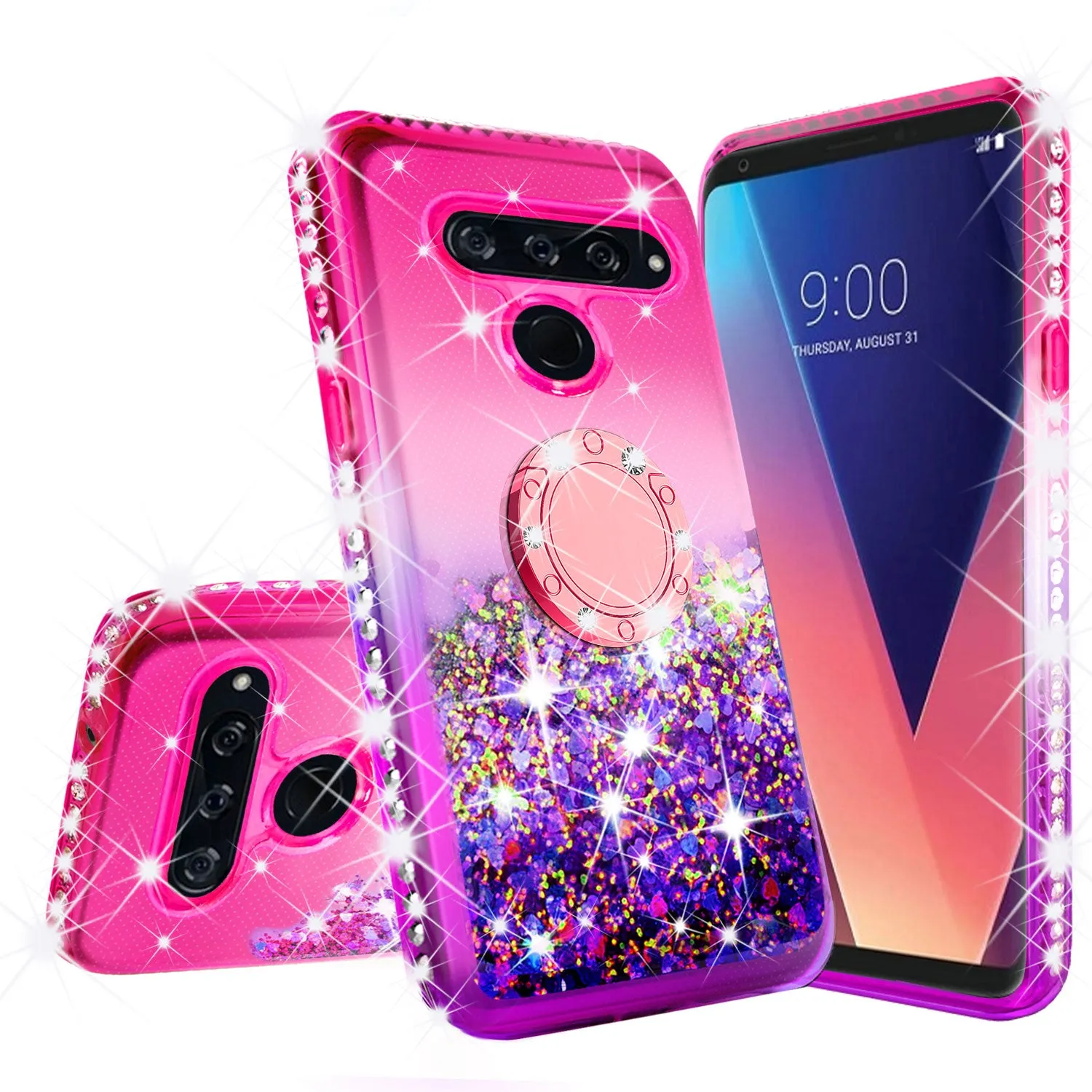 Glitter Phone Case Kickstand Compatible for LG V40 ThinQ Case,Ring Stand Liquid Floating Quicksand Bling Sparkle Protective Girls Women for V40 ThinQ - (Hot Pink Gradient)