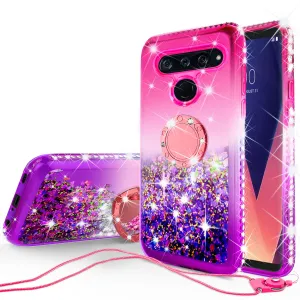 Glitter Phone Case Kickstand Compatible for LG V40 ThinQ Case,Ring Stand Liquid Floating Quicksand Bling Sparkle Protective Girls Women for V40 ThinQ - (Hot Pink Gradient)