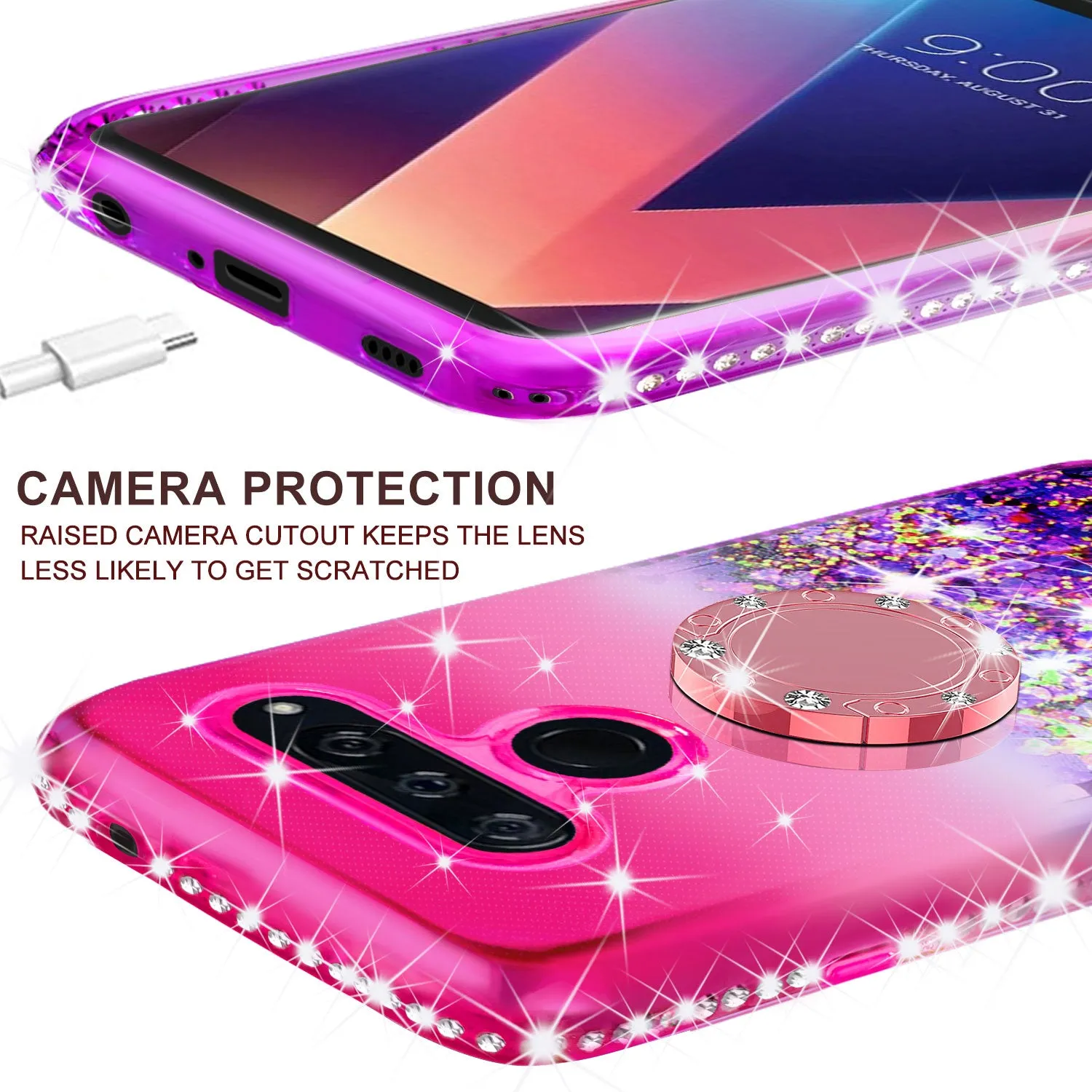 Glitter Phone Case Kickstand Compatible for LG V40 ThinQ Case,Ring Stand Liquid Floating Quicksand Bling Sparkle Protective Girls Women for V40 ThinQ - (Hot Pink Gradient)