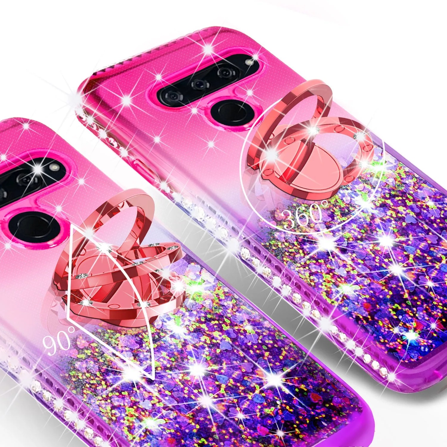 Glitter Phone Case Kickstand Compatible for LG V40 ThinQ Case,Ring Stand Liquid Floating Quicksand Bling Sparkle Protective Girls Women for V40 ThinQ - (Hot Pink Gradient)