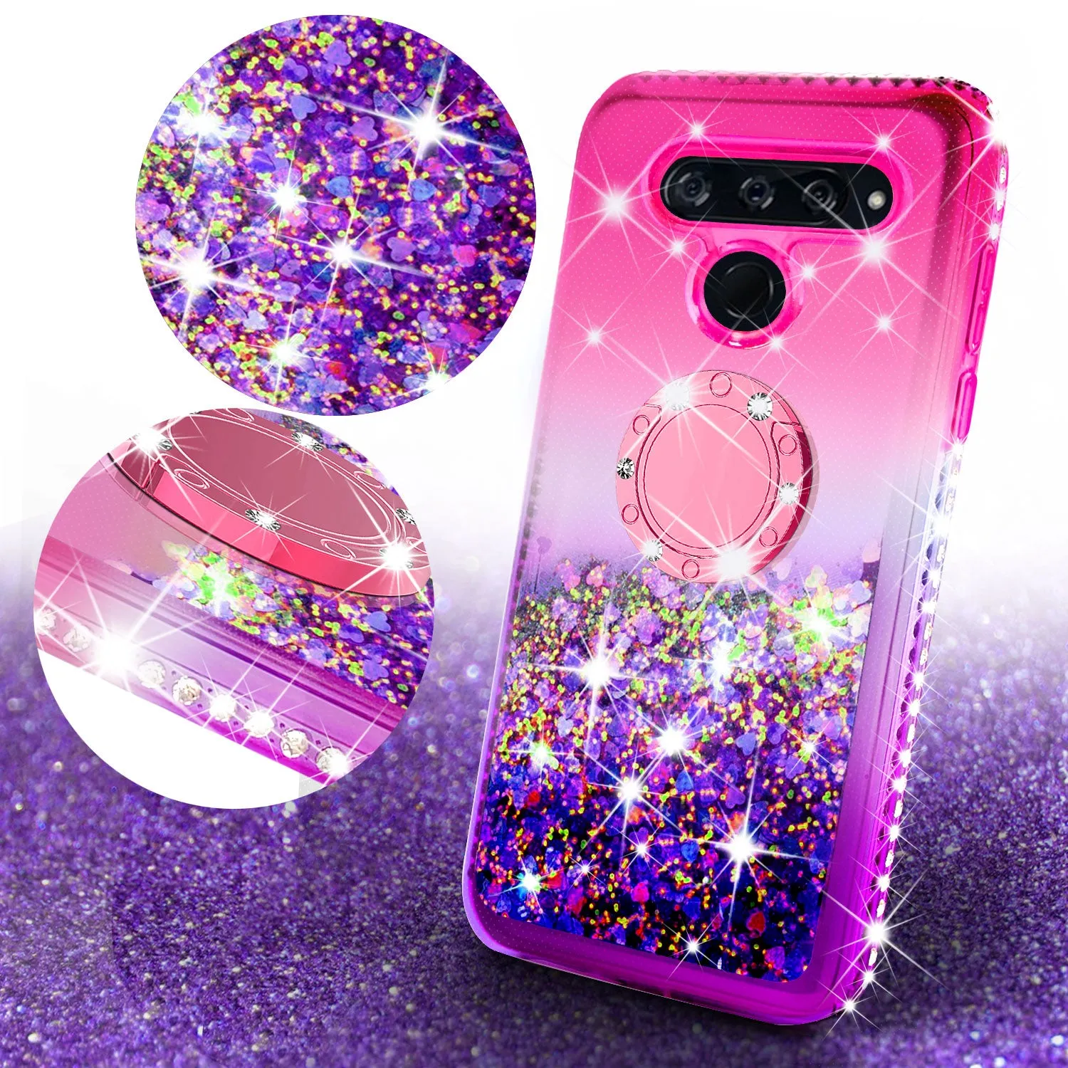 Glitter Phone Case Kickstand Compatible for LG V40 ThinQ Case,Ring Stand Liquid Floating Quicksand Bling Sparkle Protective Girls Women for V40 ThinQ - (Hot Pink Gradient)