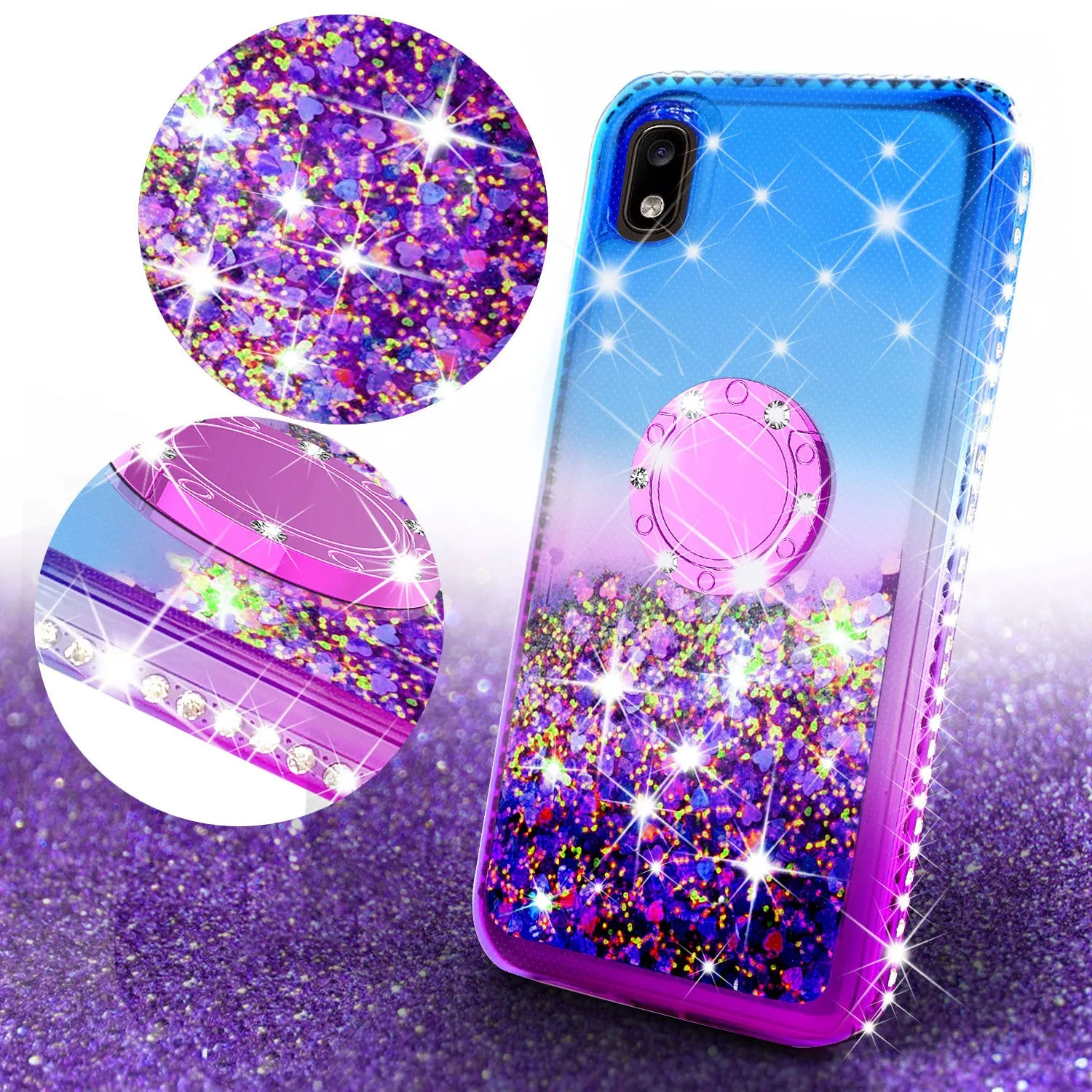 Glitter Phone Case Kickstand Compatible for Motorola Moto E6 Case, Moto E6 Case,Ring Stand Liquid Floating Quicksand Bling Sparkle Protective Girls Women for Motorola Moto E6 W/Temper Glass - (Blue/Purple Gradient)