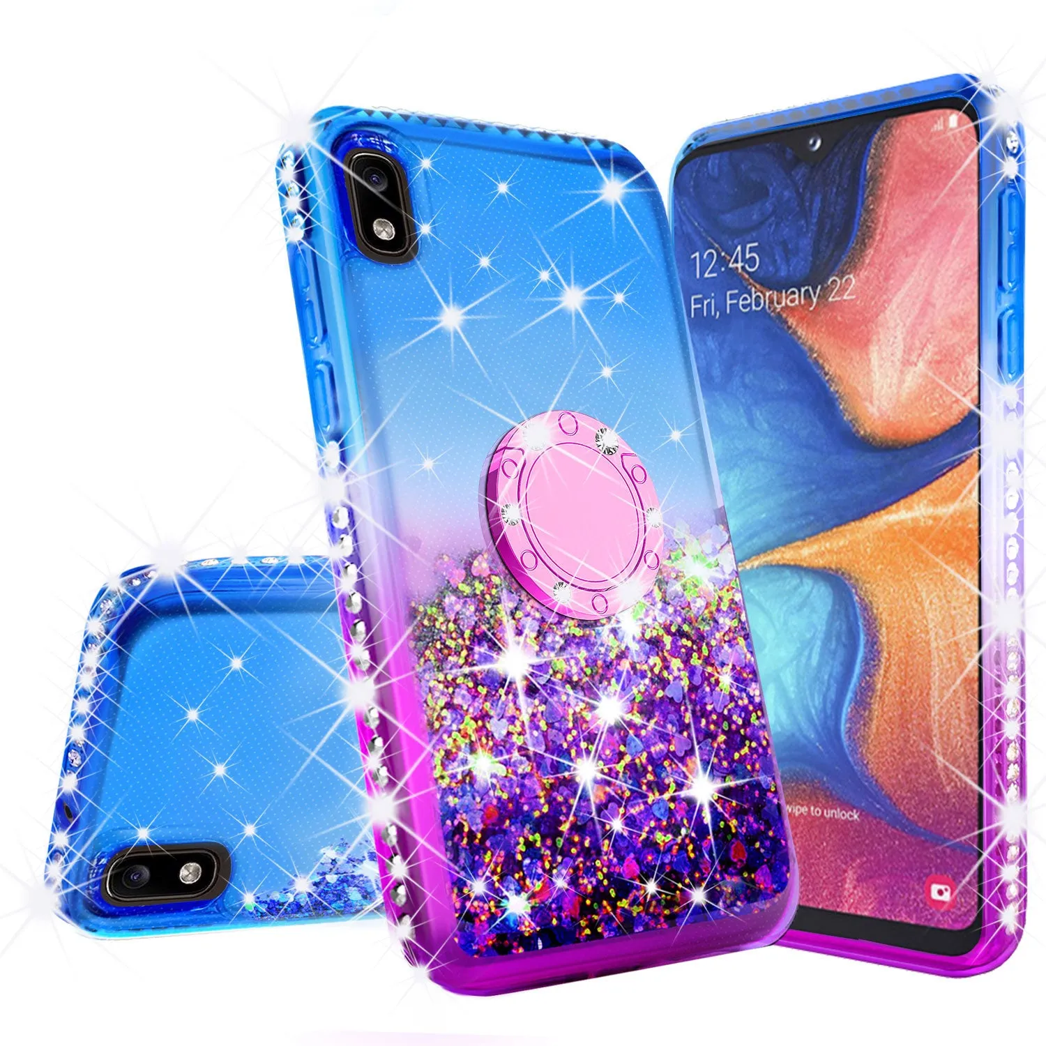 Glitter Phone Case Kickstand Compatible for Motorola Moto E6 Case, Moto E6 Case,Ring Stand Liquid Floating Quicksand Bling Sparkle Protective Girls Women for Motorola Moto E6 W/Temper Glass - (Blue/Purple Gradient)