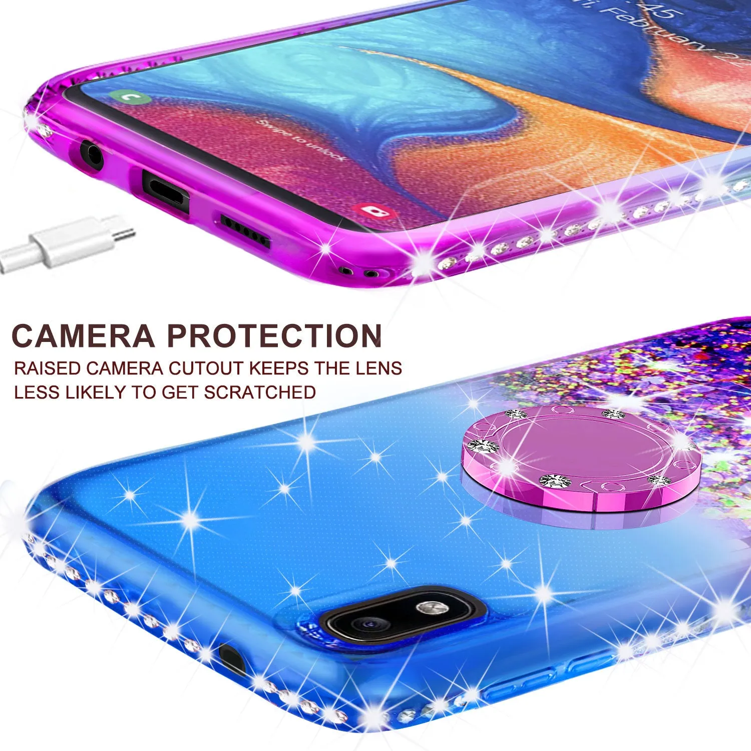 Glitter Phone Case Kickstand Compatible for Motorola Moto E6 Case, Moto E6 Case,Ring Stand Liquid Floating Quicksand Bling Sparkle Protective Girls Women for Motorola Moto E6 W/Temper Glass - (Blue/Purple Gradient)