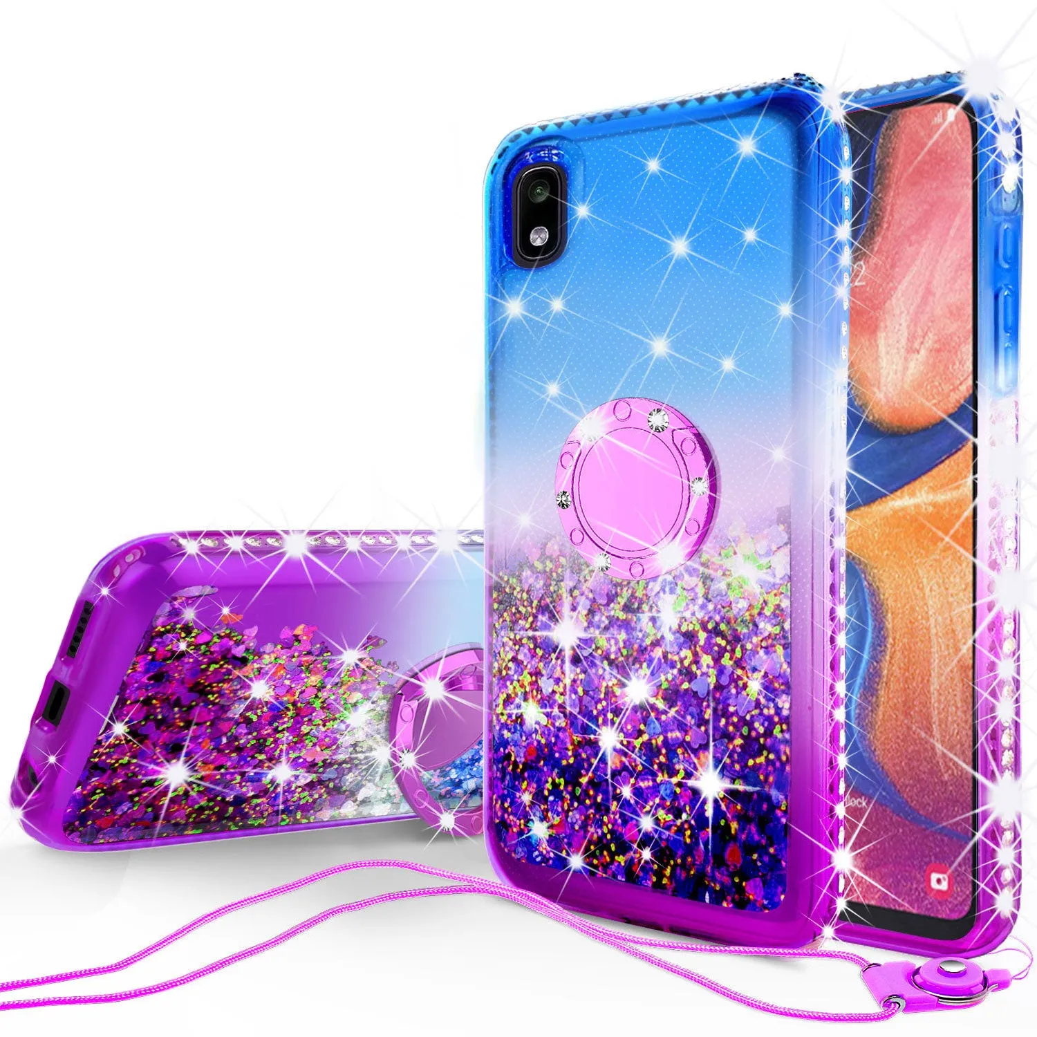 Glitter Phone Case Kickstand Compatible for Motorola Moto E6 Case, Moto E6 Case,Ring Stand Liquid Floating Quicksand Bling Sparkle Protective Girls Women for Motorola Moto E6 W/Temper Glass - (Blue/Purple Gradient)