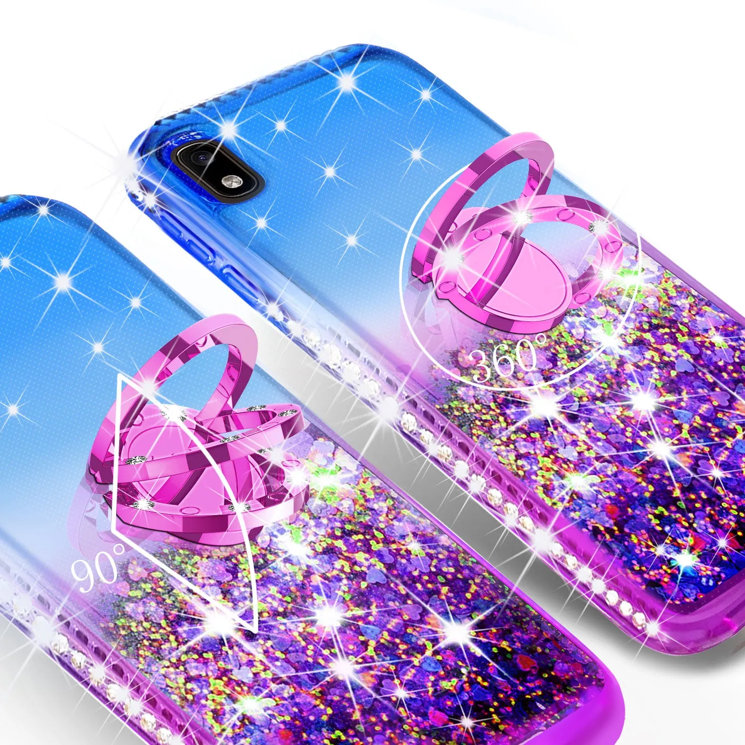 Glitter Phone Case Kickstand Compatible for Motorola Moto E6 Case, Moto E6 Case,Ring Stand Liquid Floating Quicksand Bling Sparkle Protective Girls Women for Motorola Moto E6 W/Temper Glass - (Blue/Purple Gradient)