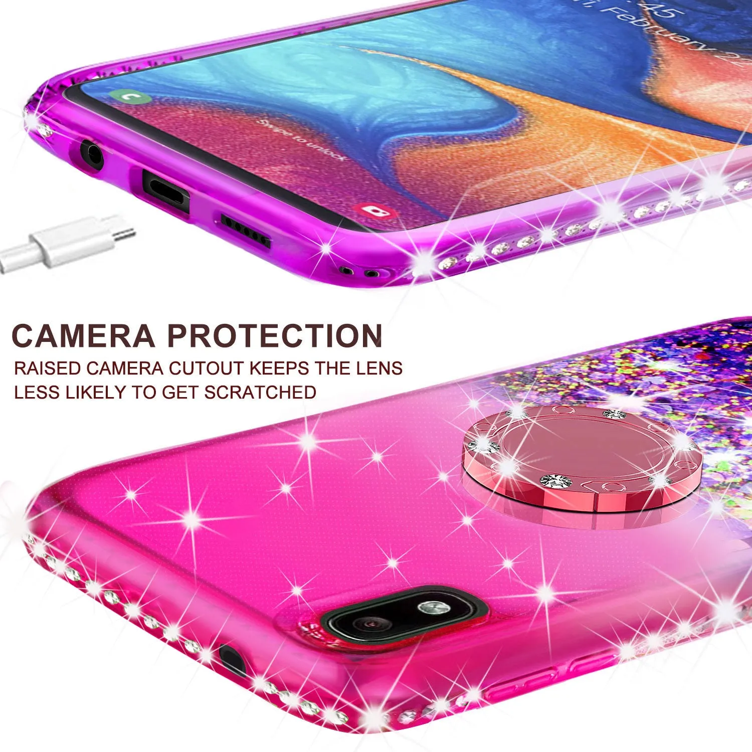 Glitter Phone Case Kickstand Compatible for Motorola Moto E6 Case, Moto E6 Case,Ring Stand Liquid Floating Quicksand Bling Sparkle Protective Girls Women for Motorola Moto E6 W/Temper Glass - (Hot Pink/Purple Gradient)