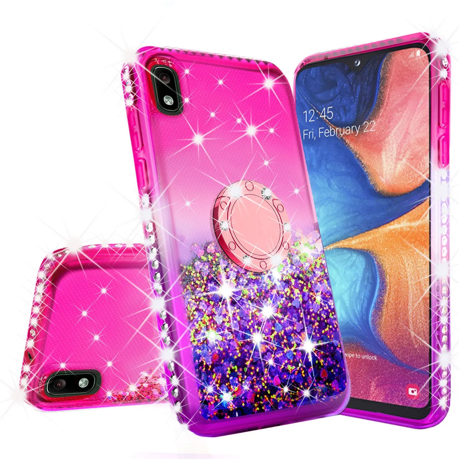 Glitter Phone Case Kickstand Compatible for Motorola Moto E6 Case, Moto E6 Case,Ring Stand Liquid Floating Quicksand Bling Sparkle Protective Girls Women for Motorola Moto E6 W/Temper Glass - (Hot Pink/Purple Gradient)