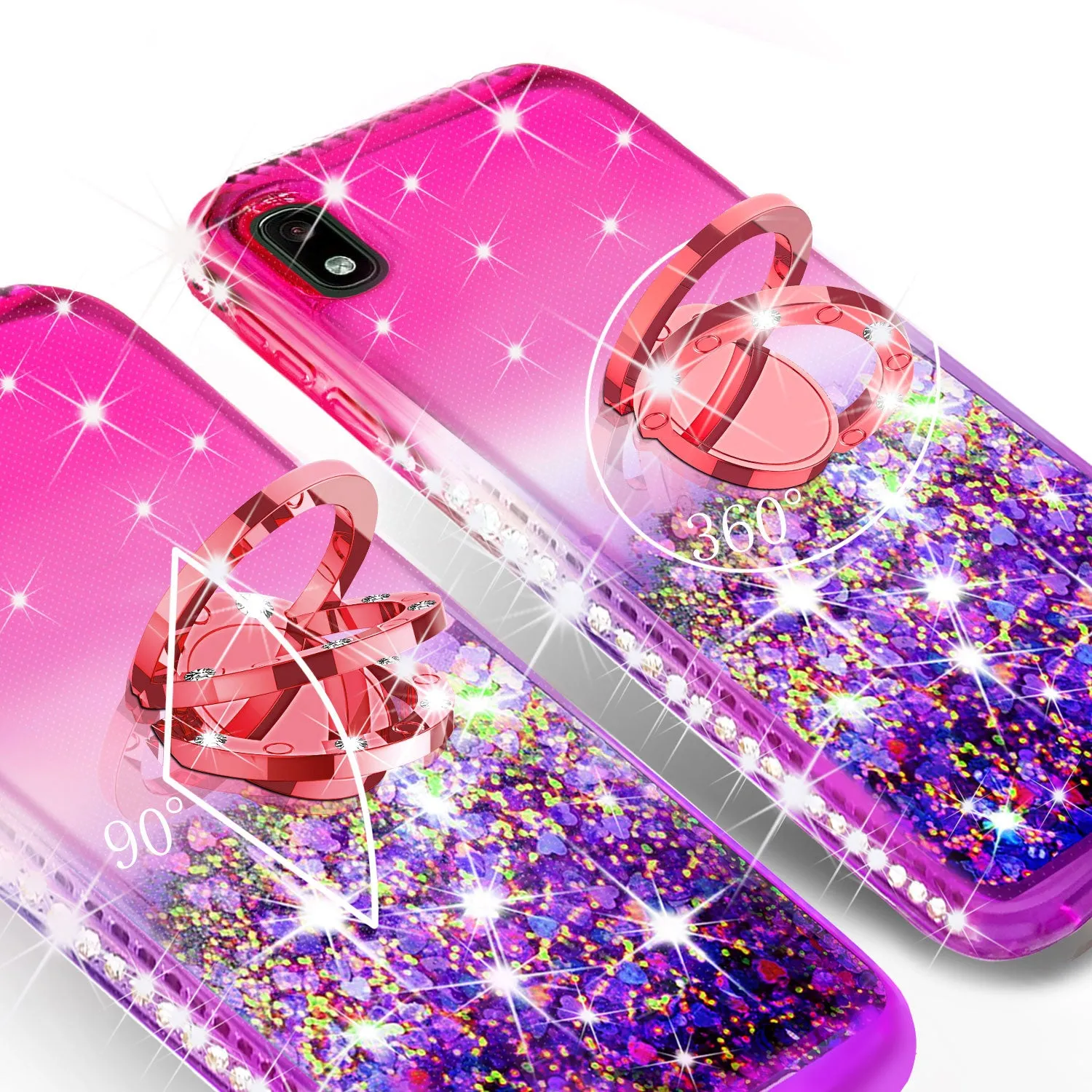 Glitter Phone Case Kickstand Compatible for Motorola Moto E6 Case, Moto E6 Case,Ring Stand Liquid Floating Quicksand Bling Sparkle Protective Girls Women for Motorola Moto E6 W/Temper Glass - (Hot Pink/Purple Gradient)