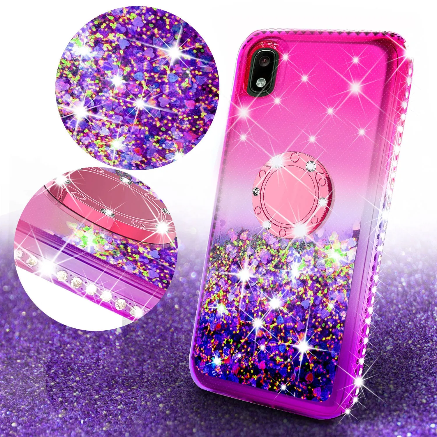 Glitter Phone Case Kickstand Compatible for Motorola Moto E6 Case, Moto E6 Case,Ring Stand Liquid Floating Quicksand Bling Sparkle Protective Girls Women for Motorola Moto E6 W/Temper Glass - (Hot Pink/Purple Gradient)