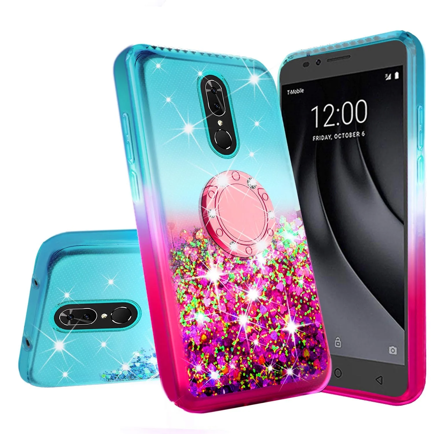 Glitter Phone Case Kickstand Compatible for Nokia 3.1 Plus Case, Nokia 3.1 Plus Case,Ring Stand Liquid Floating Quicksand Bling Sparkle Protective Girls Women for Nokia 3.1 Plus W/Temper Glass - (Teal/Pink Gradient)