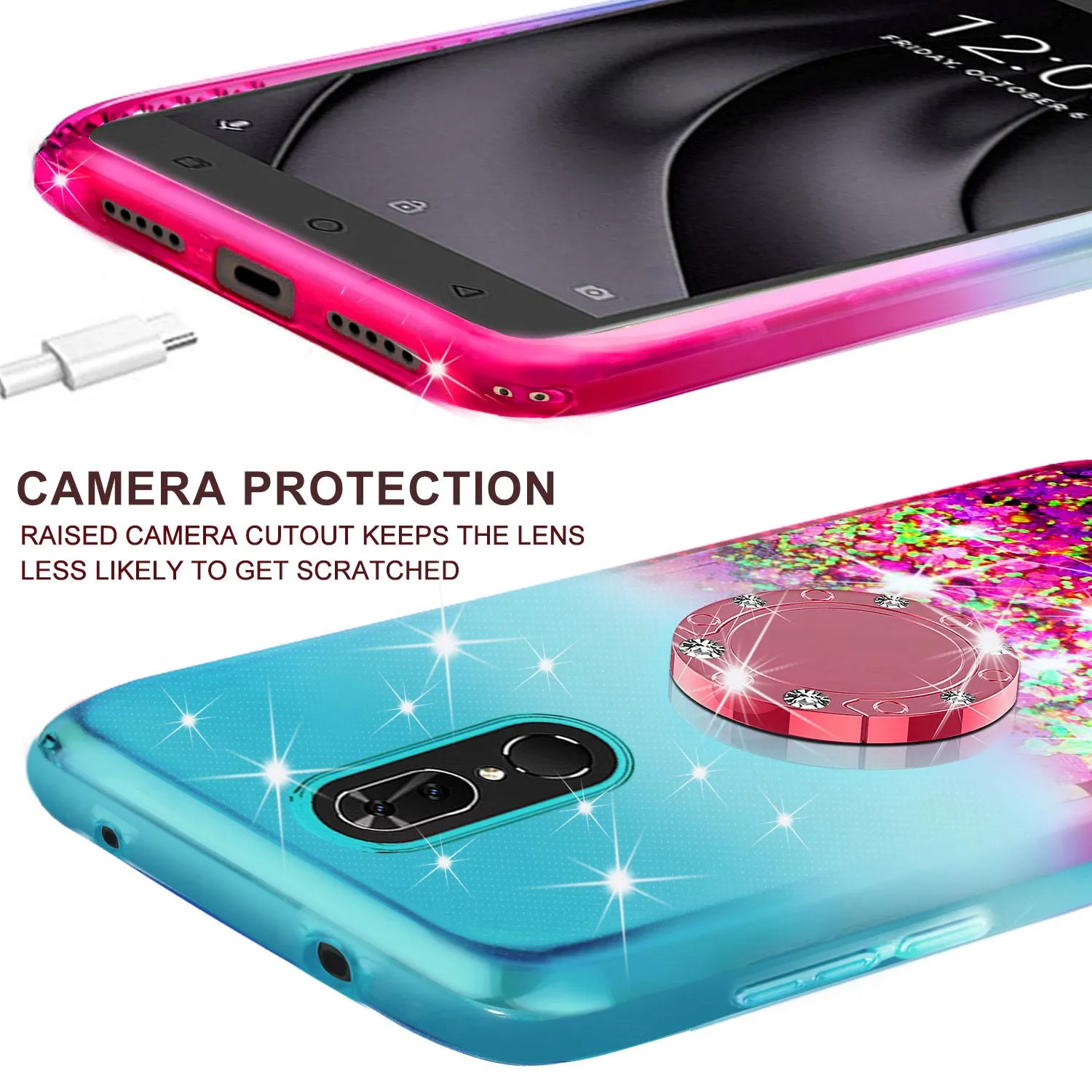 Glitter Phone Case Kickstand Compatible for Nokia 3.1 Plus Case, Nokia 3.1 Plus Case,Ring Stand Liquid Floating Quicksand Bling Sparkle Protective Girls Women for Nokia 3.1 Plus W/Temper Glass - (Teal/Pink Gradient)