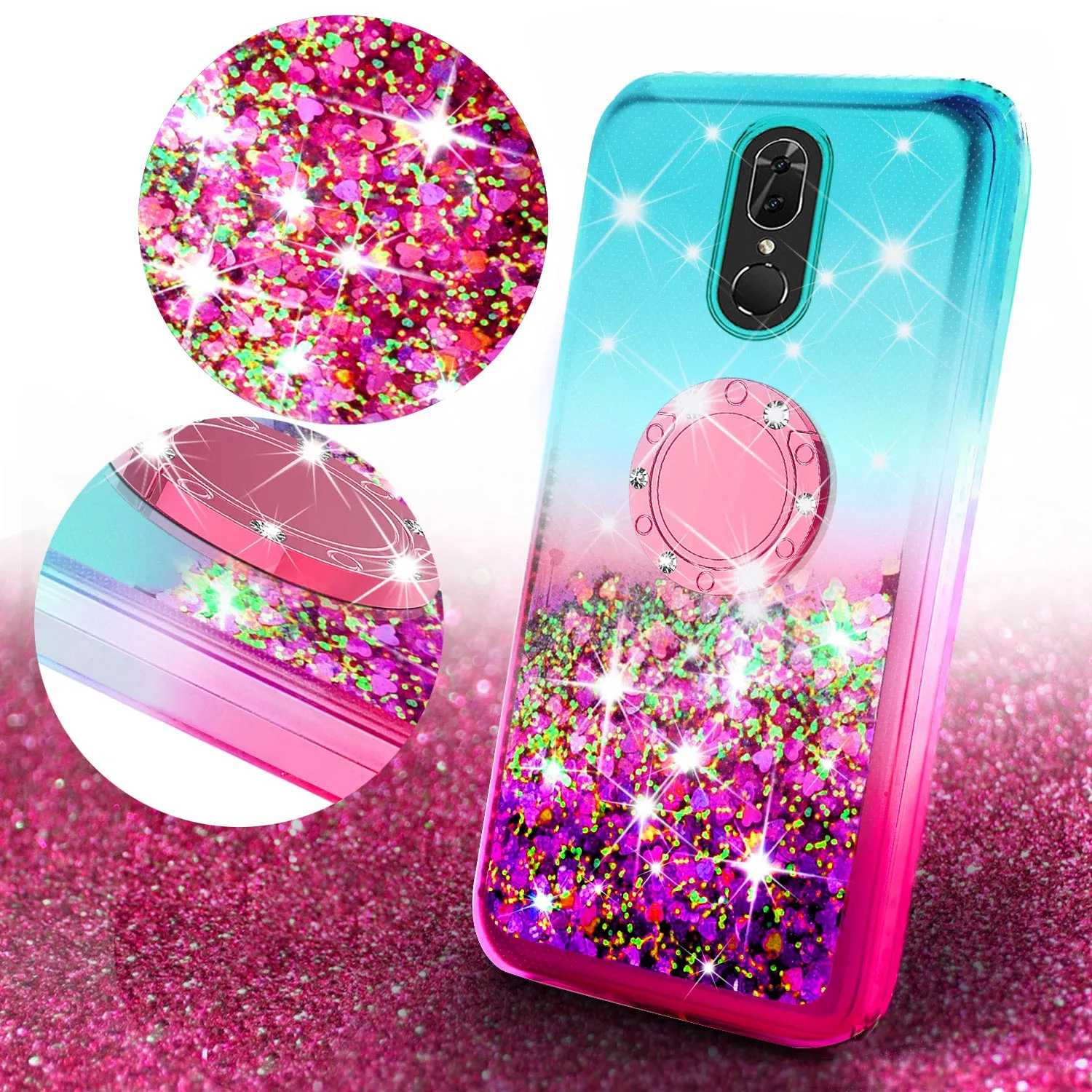 Glitter Phone Case Kickstand Compatible for Nokia 3.1 Plus Case, Nokia 3.1 Plus Case,Ring Stand Liquid Floating Quicksand Bling Sparkle Protective Girls Women for Nokia 3.1 Plus W/Temper Glass - (Teal/Pink Gradient)